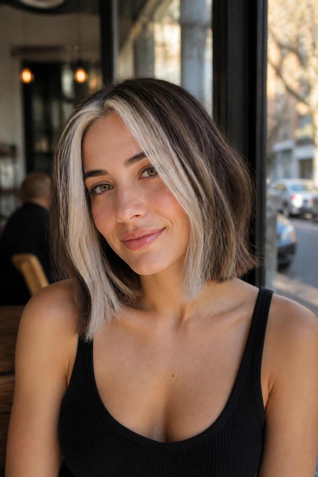 Close-up of a real woman with icy face-framing pieces on a collarbone bob