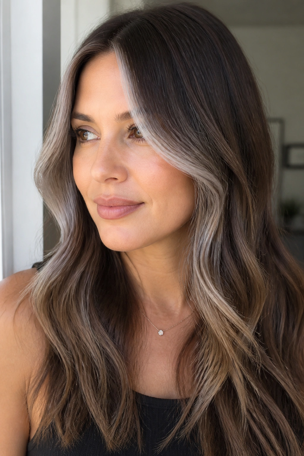 Close-up of a real woman with icy face-framing pieces on medium brown hair