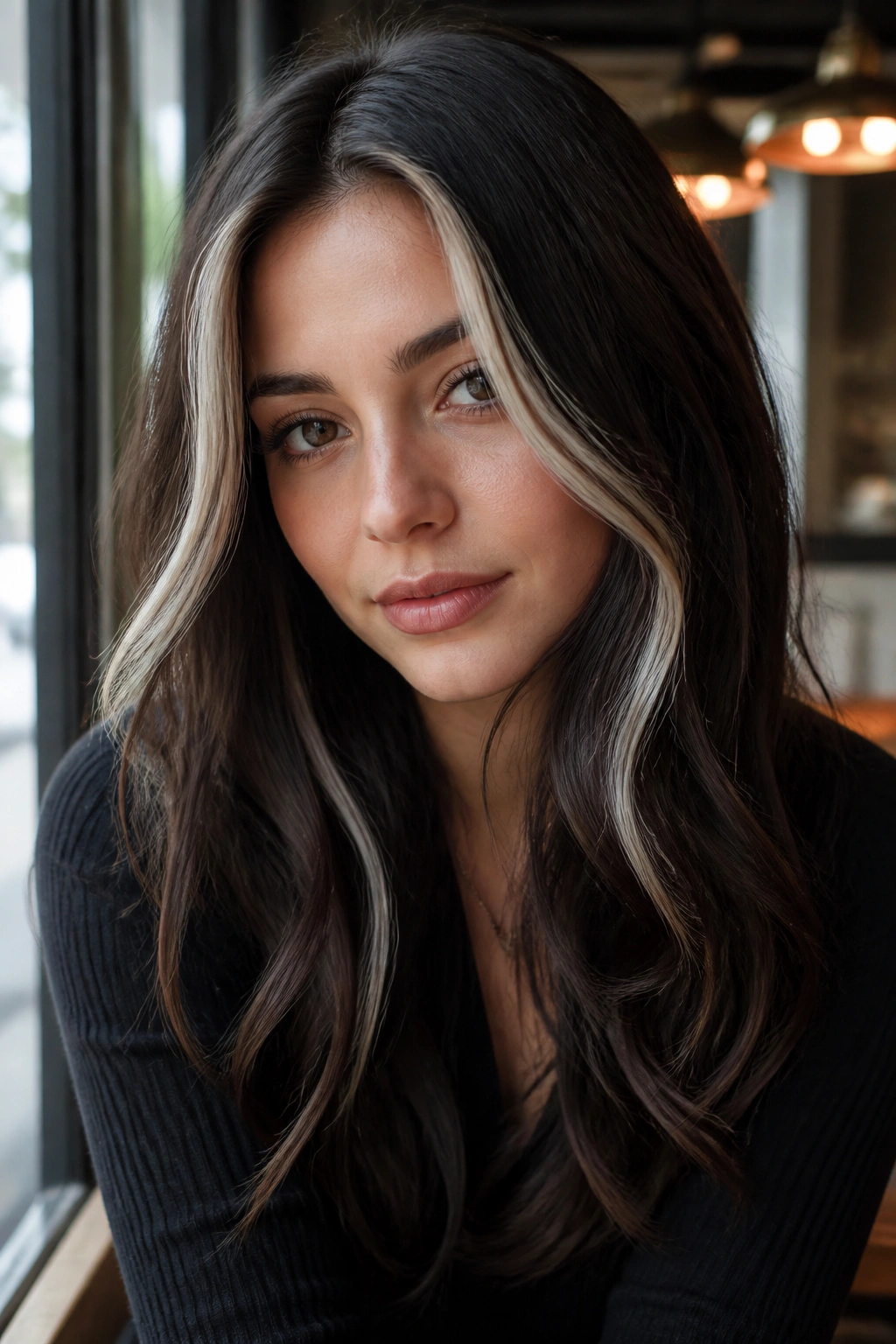 Portrait of woman with icy face-framing streaks in espresso hair