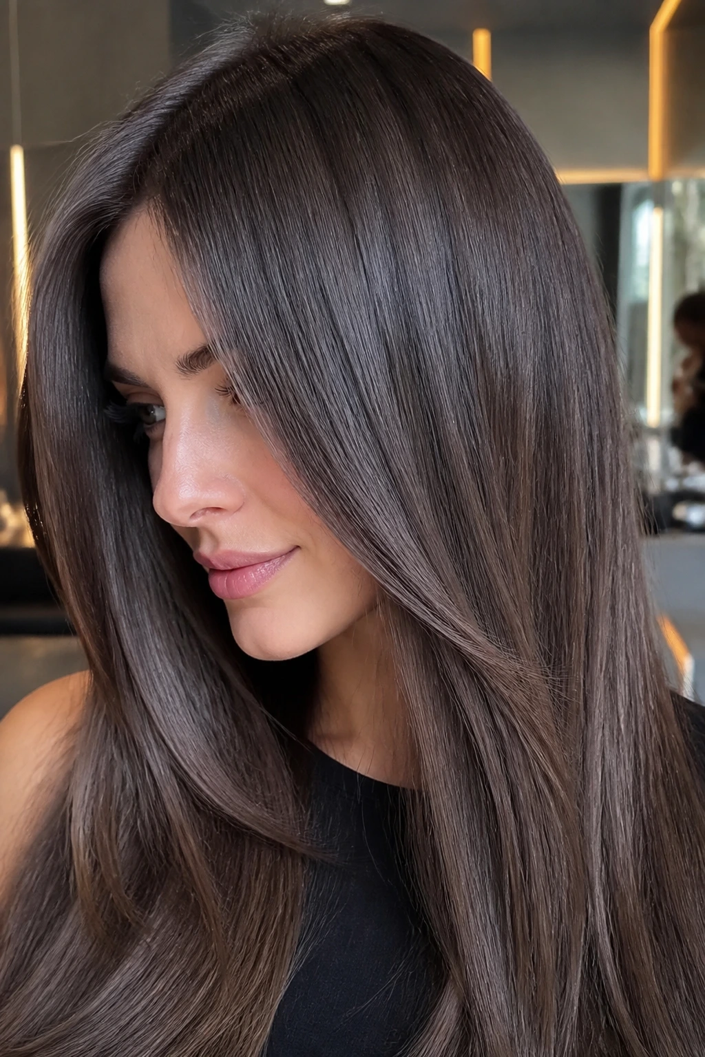 Brunette hair with icy glazed finish and glassy shine