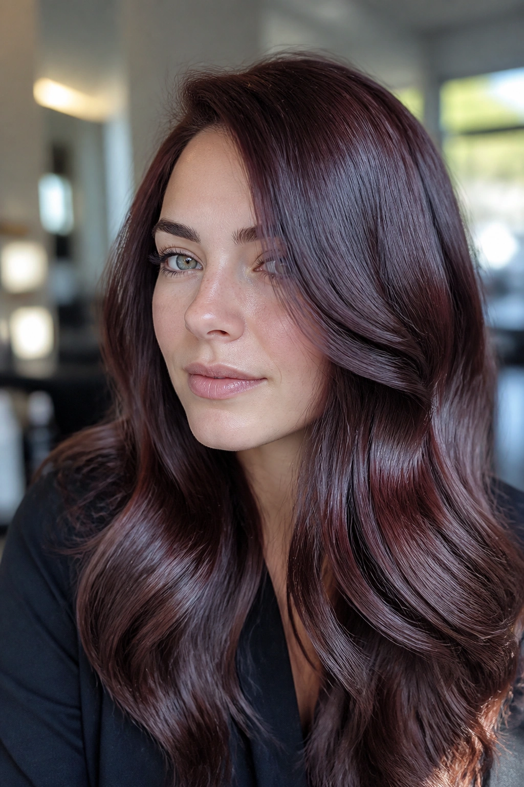Close-up portrait of a woman with icy gloss mahogany brown hair for cool skin tones.