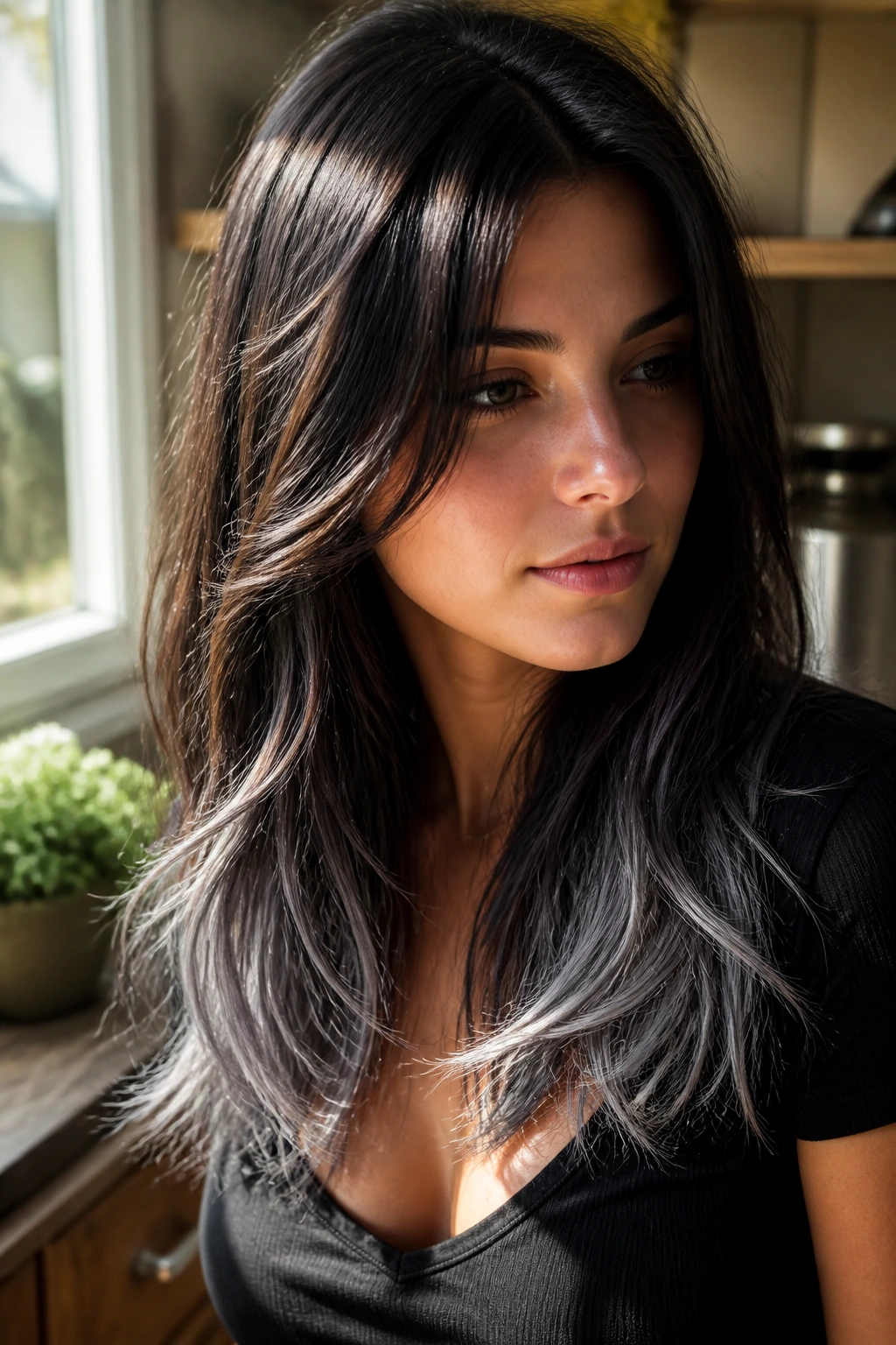 Chocolate brown hair with icy gray tips on the ends