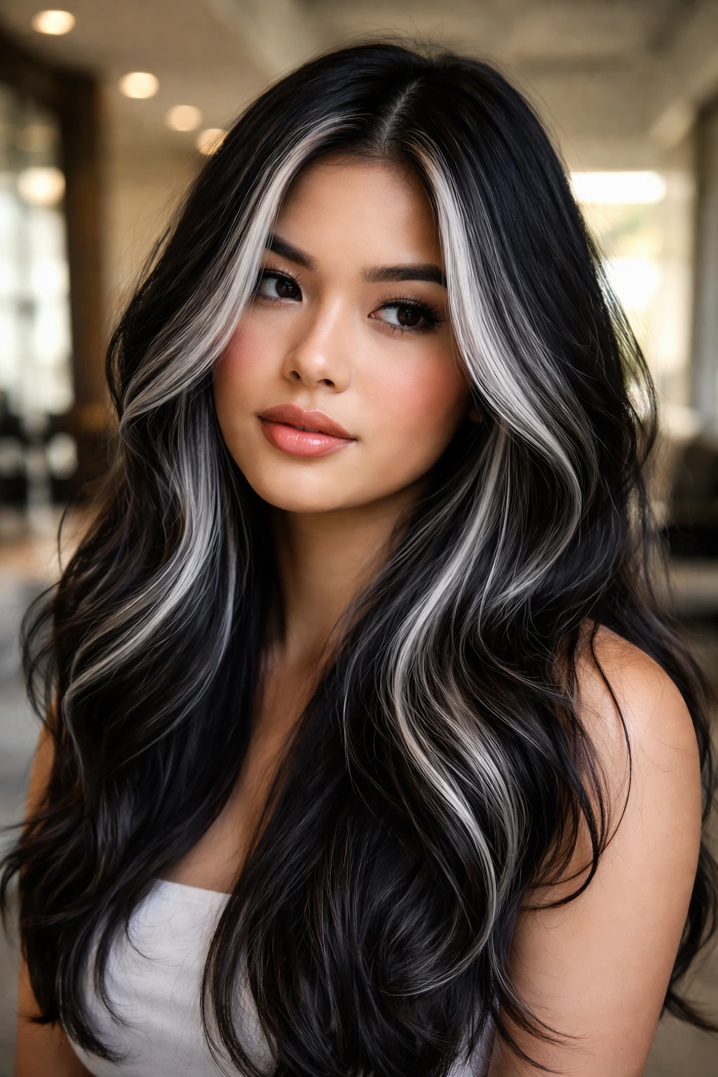 Close-up of a real woman with icy grey highlights on black hair
