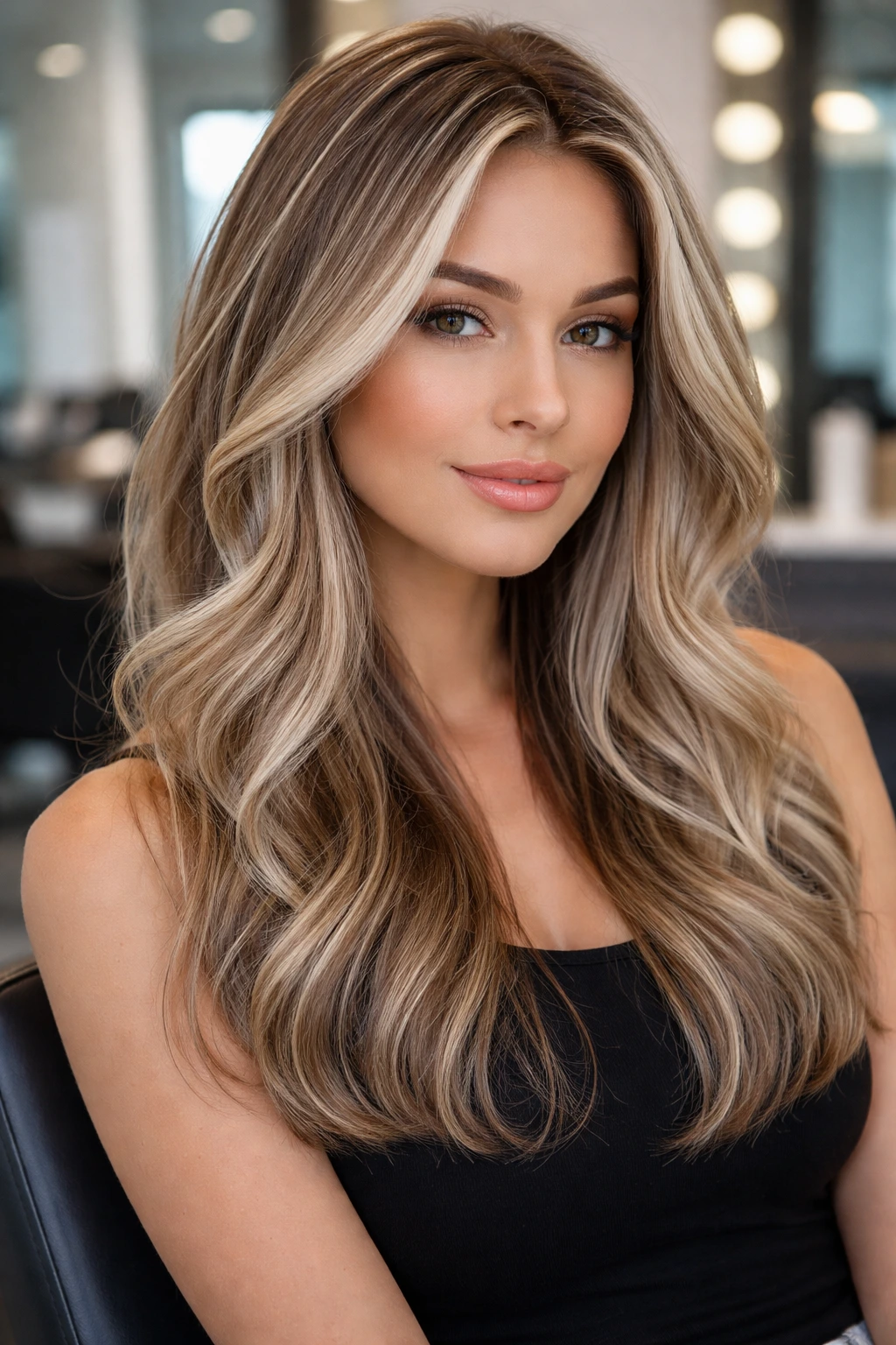 Close-up of a real woman with fine-weave icy blonde highlights throughout her hair