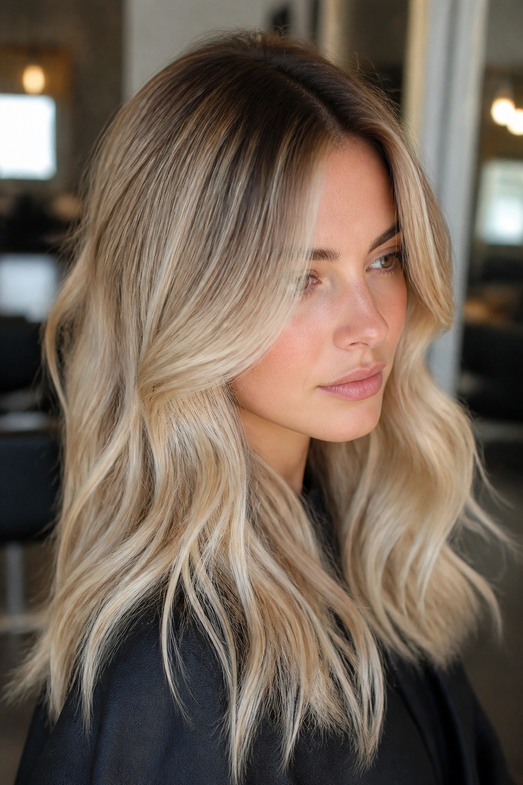 Portrait of a real woman with icy honey blonde and a soft shadow root