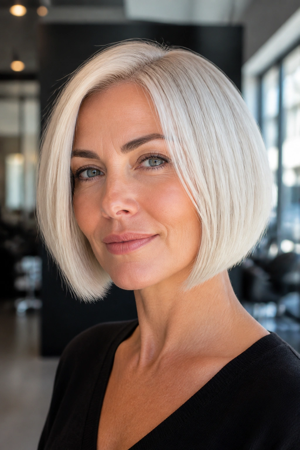 Portrait of a real person with icy jaw-length stacked bob