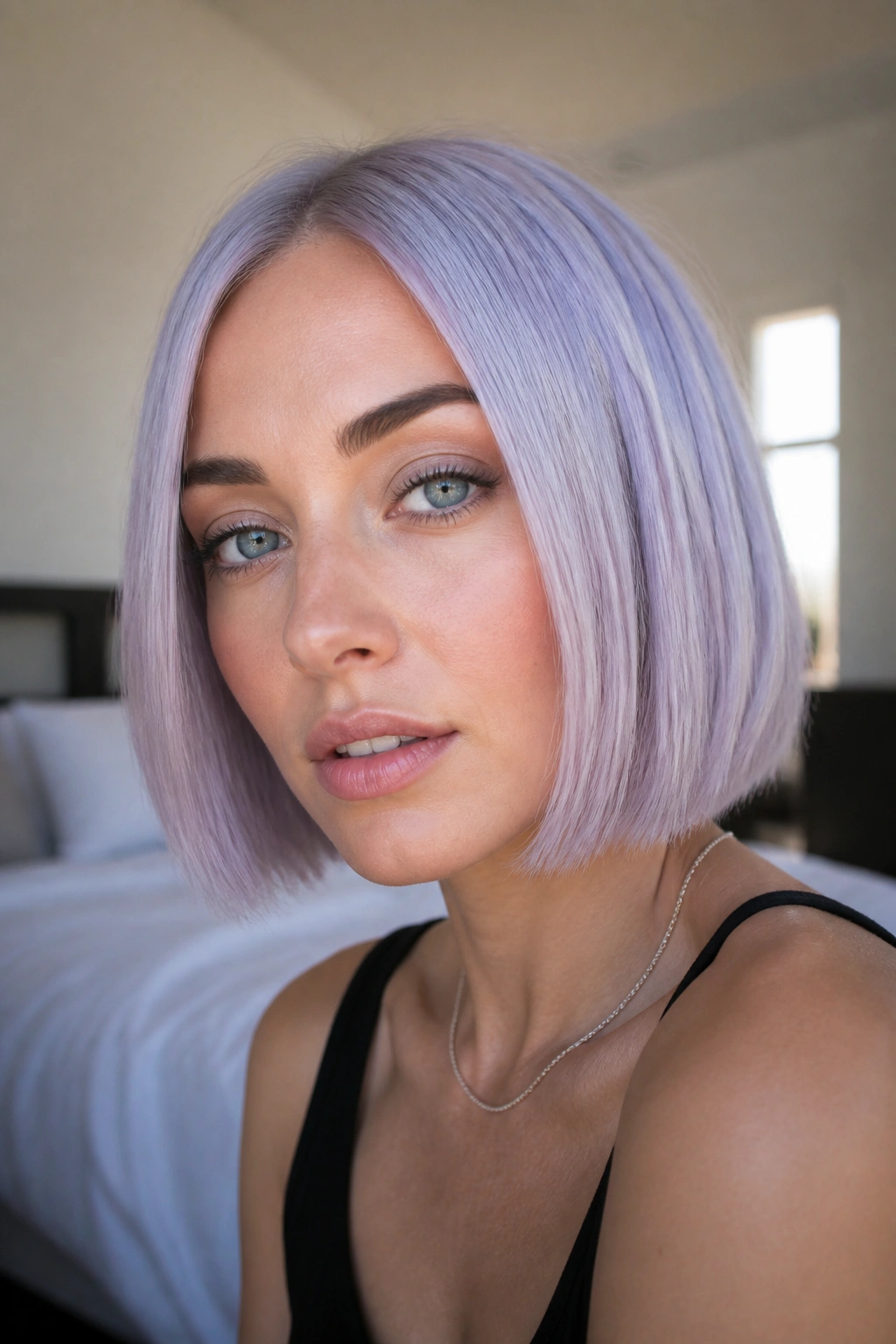 Close-up of a real woman with an icy lavender blunt bob in natural window light