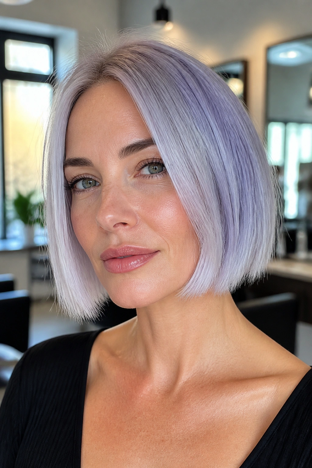 Close-up of a real woman with an icy lavender silver bob in a bright salon setting.
