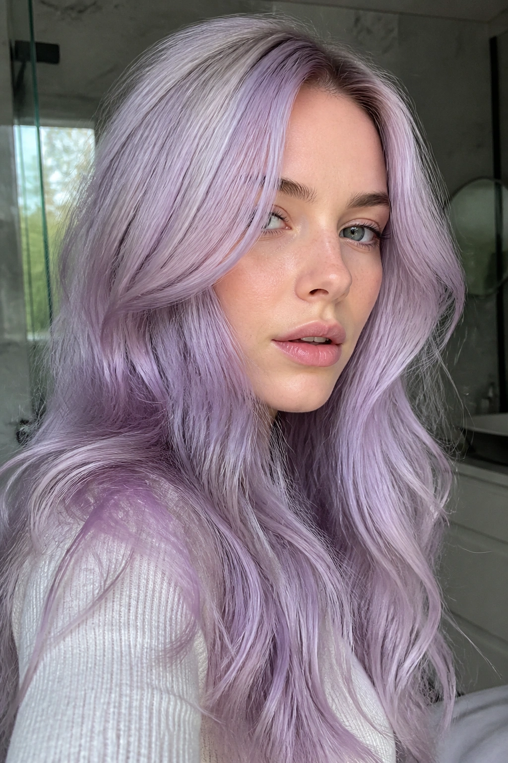 Close-up of a real woman with icy lavender glaze and glassy shine
