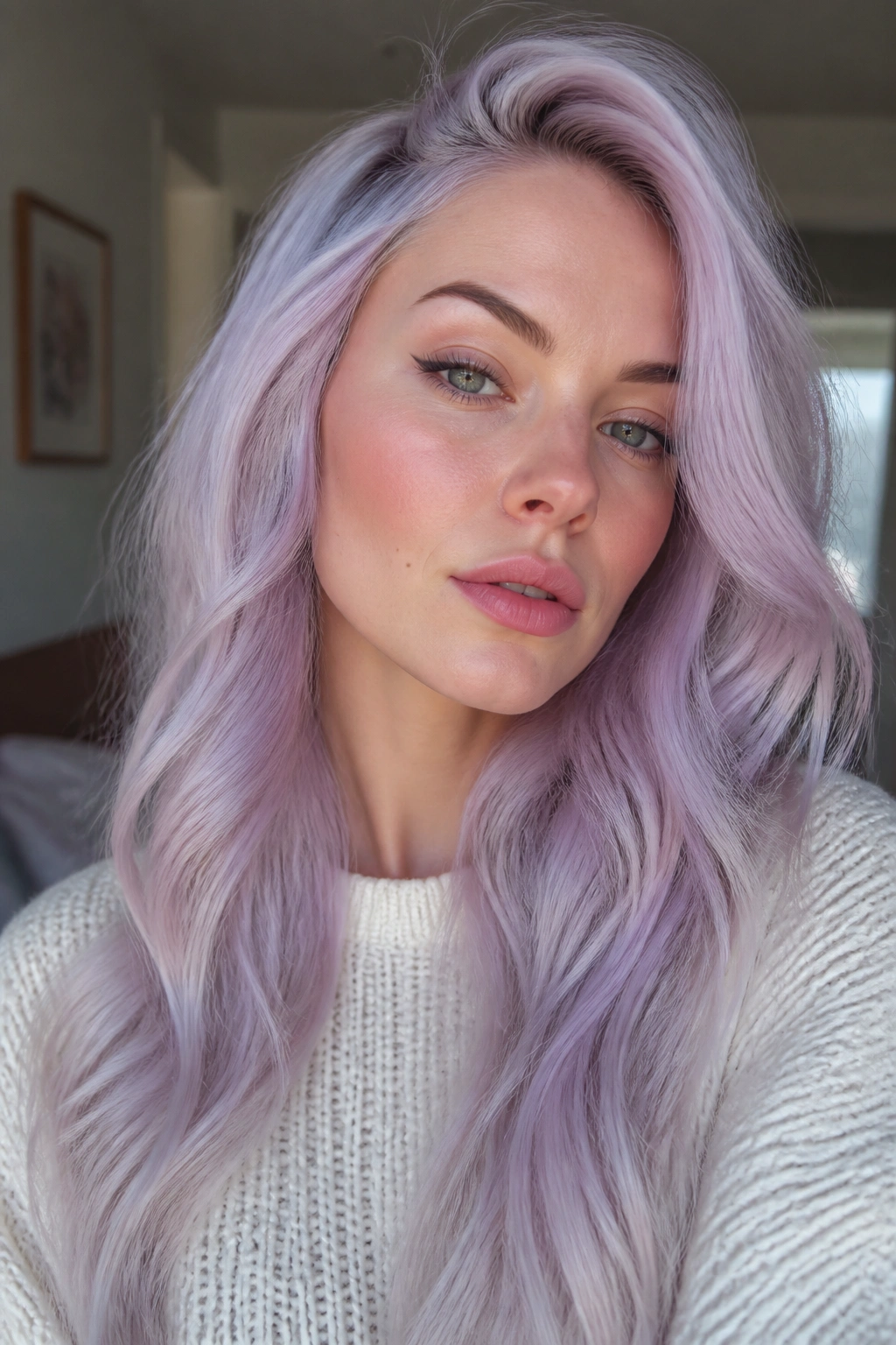 Close-up of a real person with icy lavender hair under soft window light
