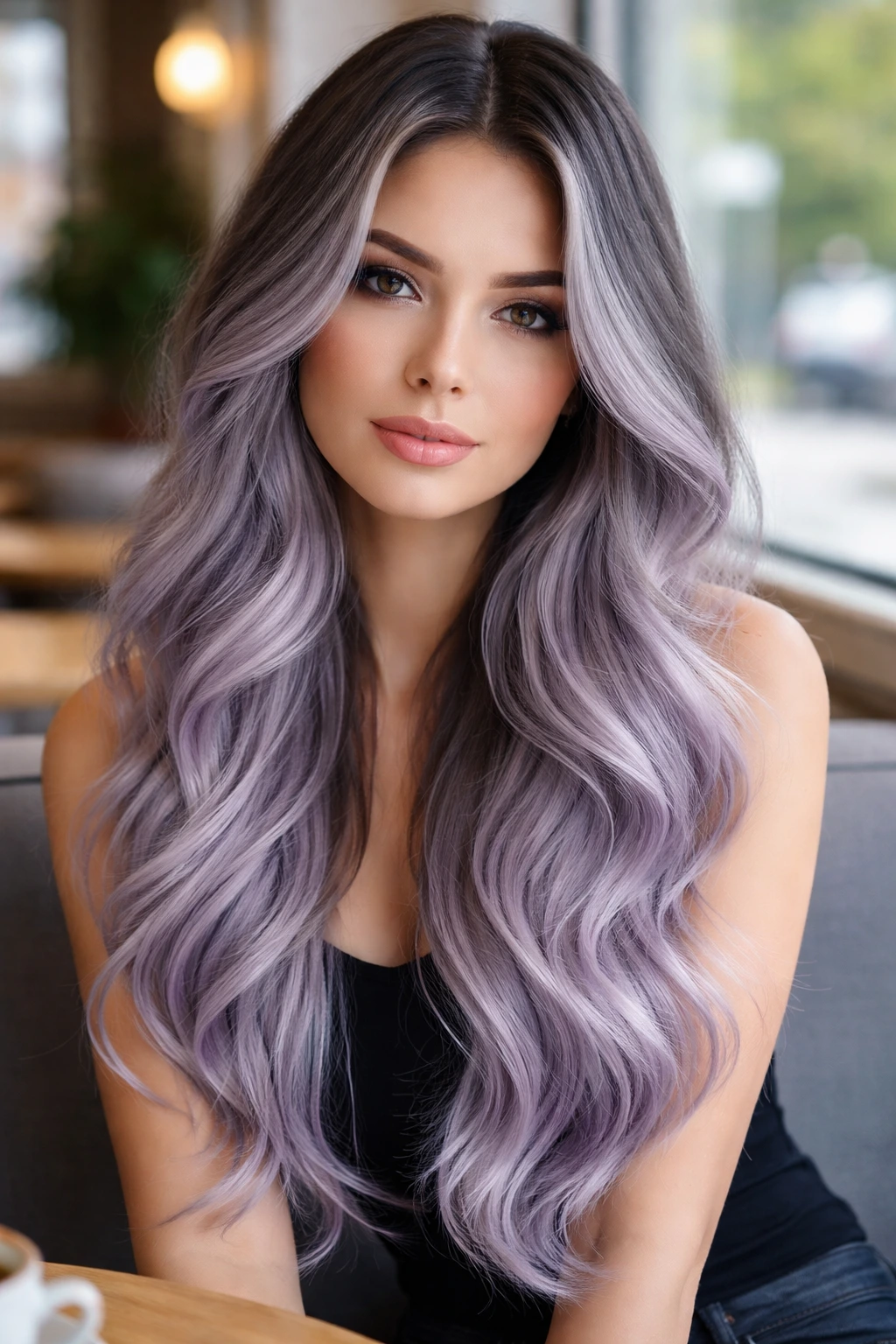 Close-up portrait of a real woman with icy lavender ombre hair