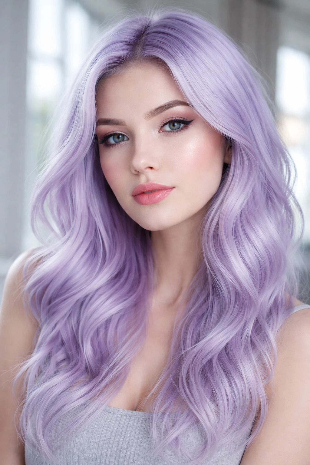 Close-up of a real person with icy lavender hair under natural window light.