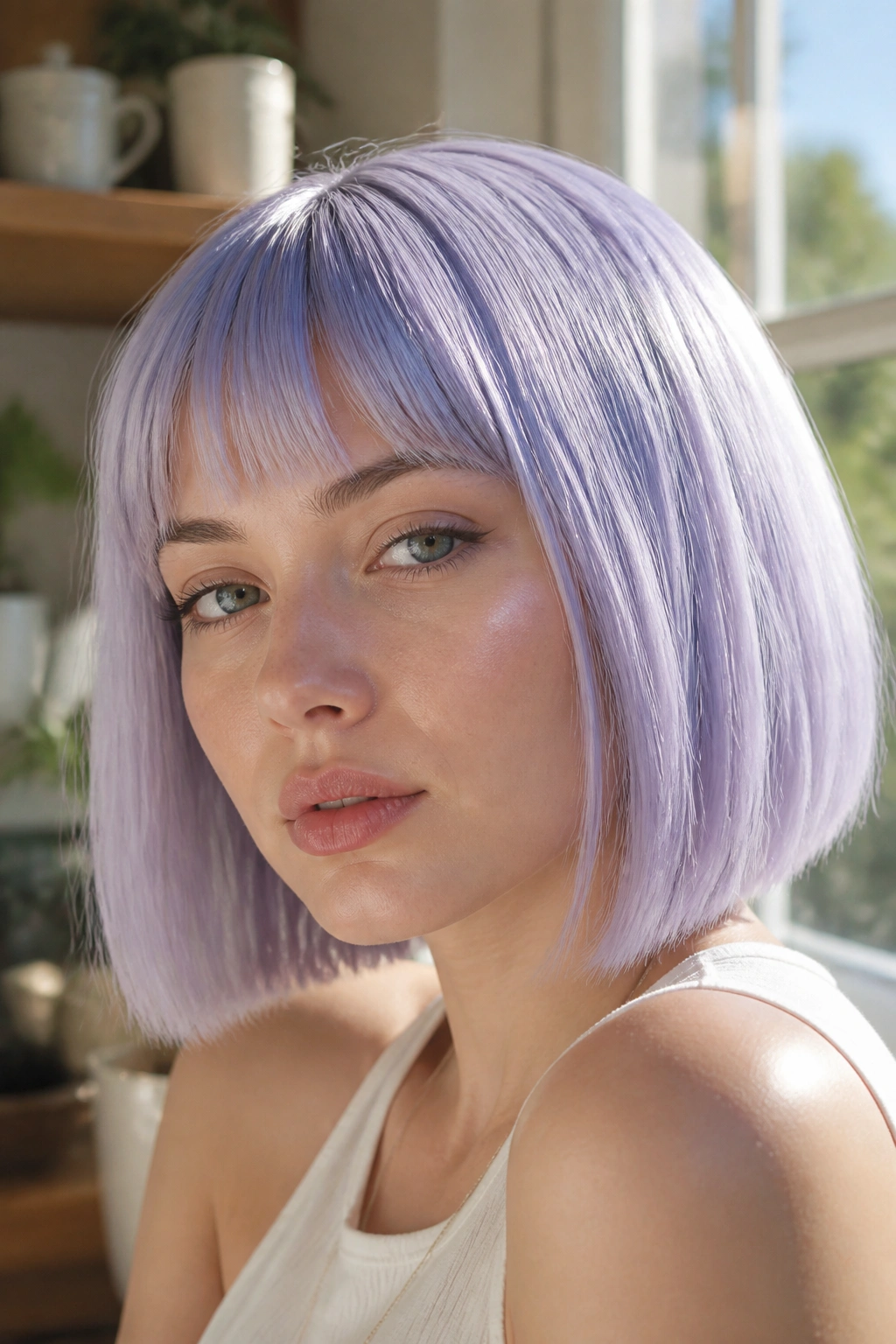 Close-up portrait of a real woman with icy lavender hair in a blunt bob.