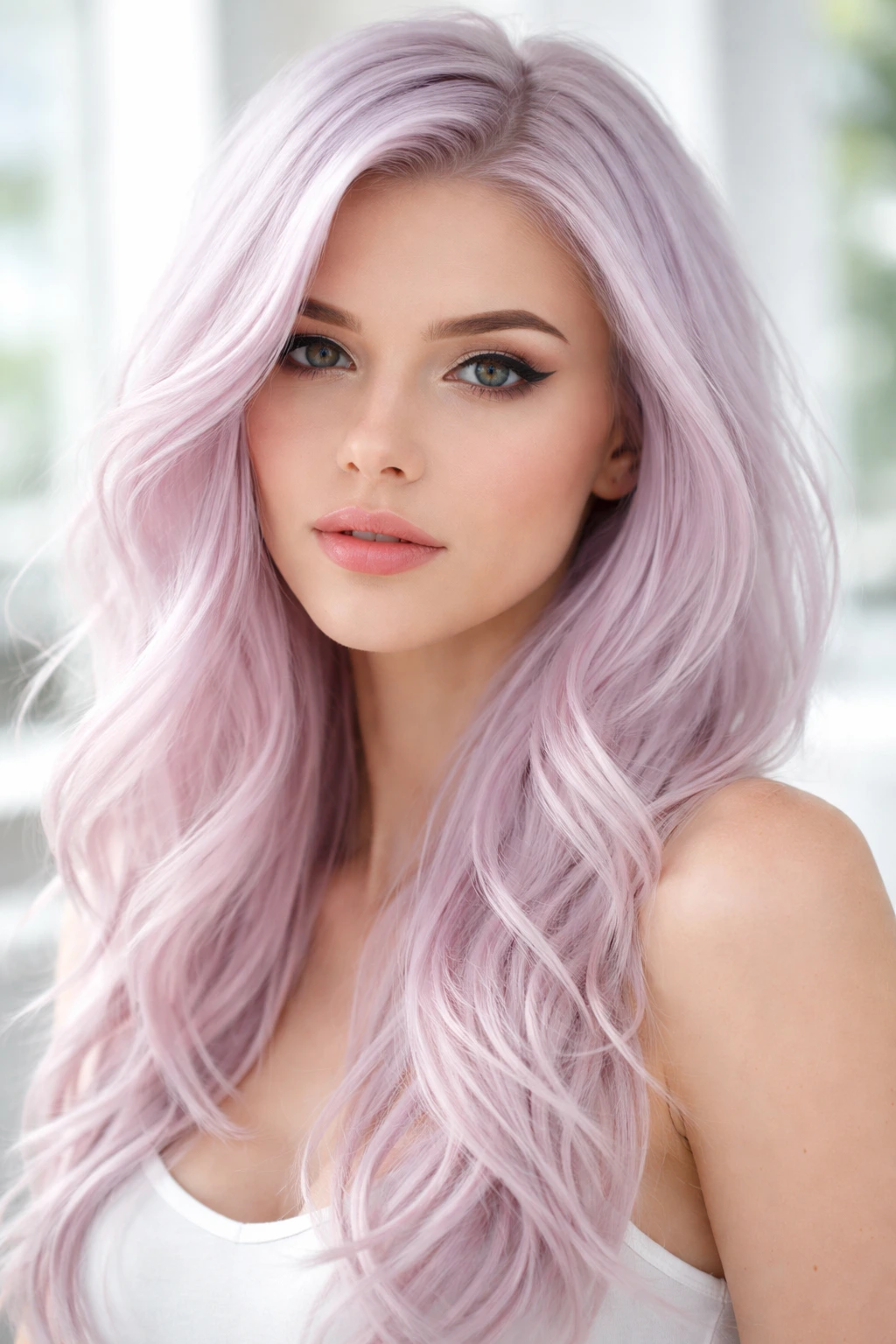 Close-up portrait of a real person with icy lavender-pink platinum hair on white-platinum base.