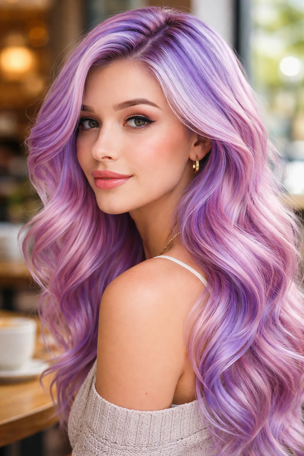 Close-up portrait of a real person with icy lavender and soft rose gold hair in natural cafe light
