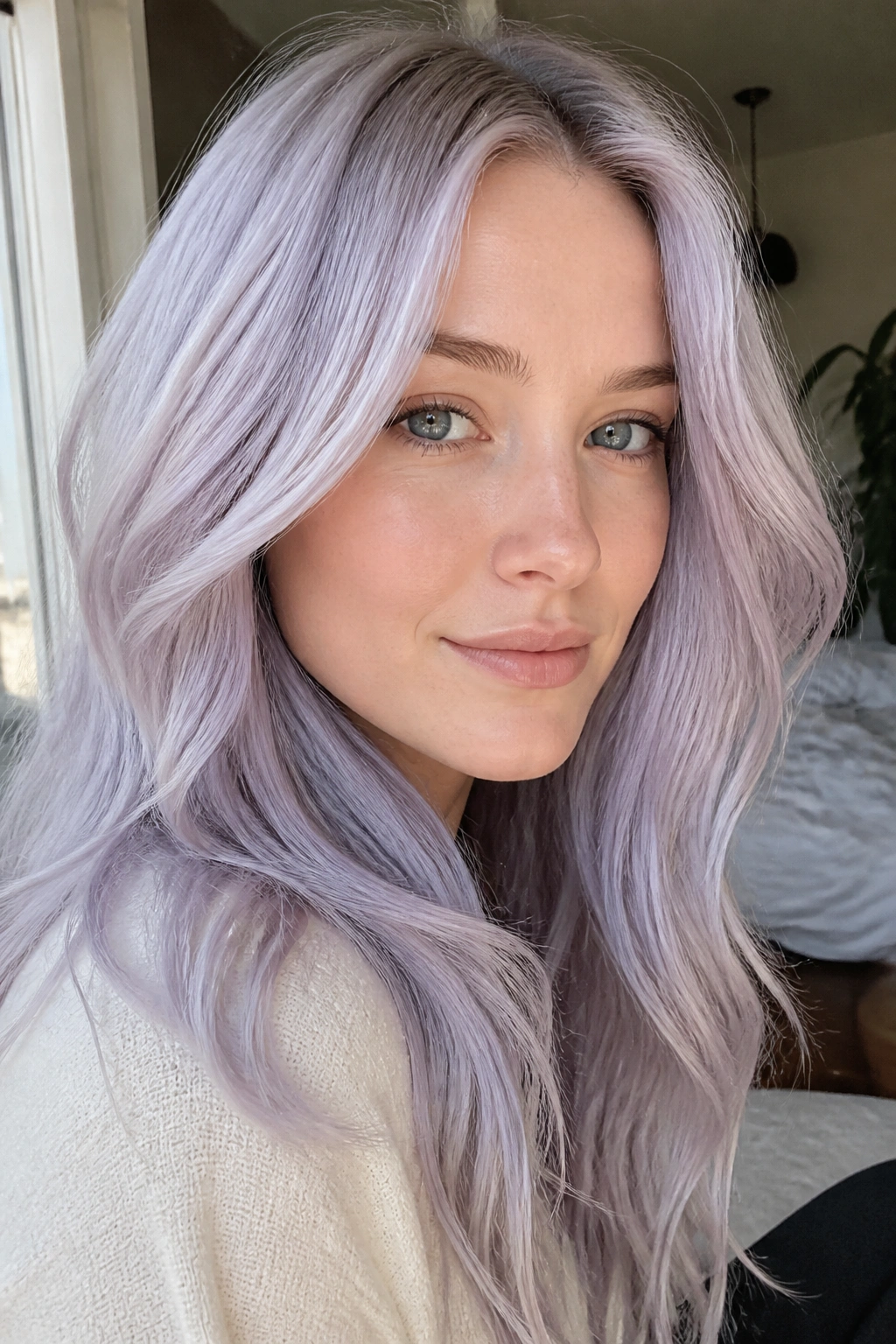 Close-up portrait of a woman with icy lilac hair in a cozy room