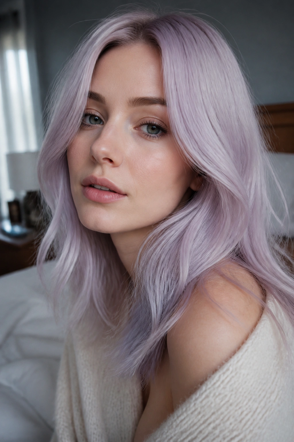 Close-up portrait of a woman with icy lilac hair and cool-toned skin in soft window light.