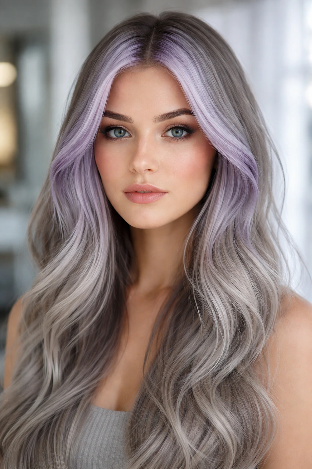 Close-up of a real person with icy lilac money pieces framing the face in silvery grey hair.