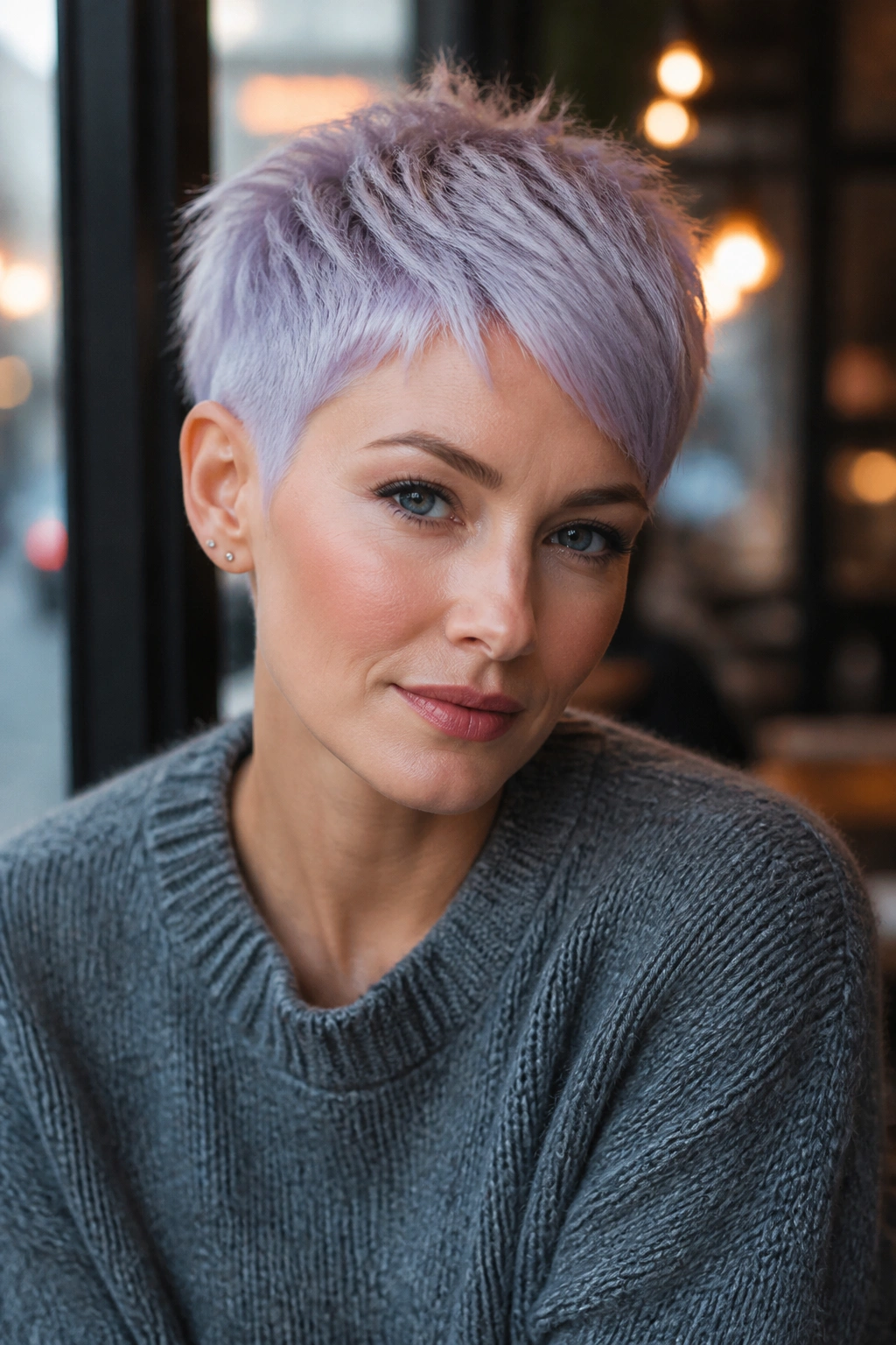 Close-up of a woman with an icy lilac pixie haircut