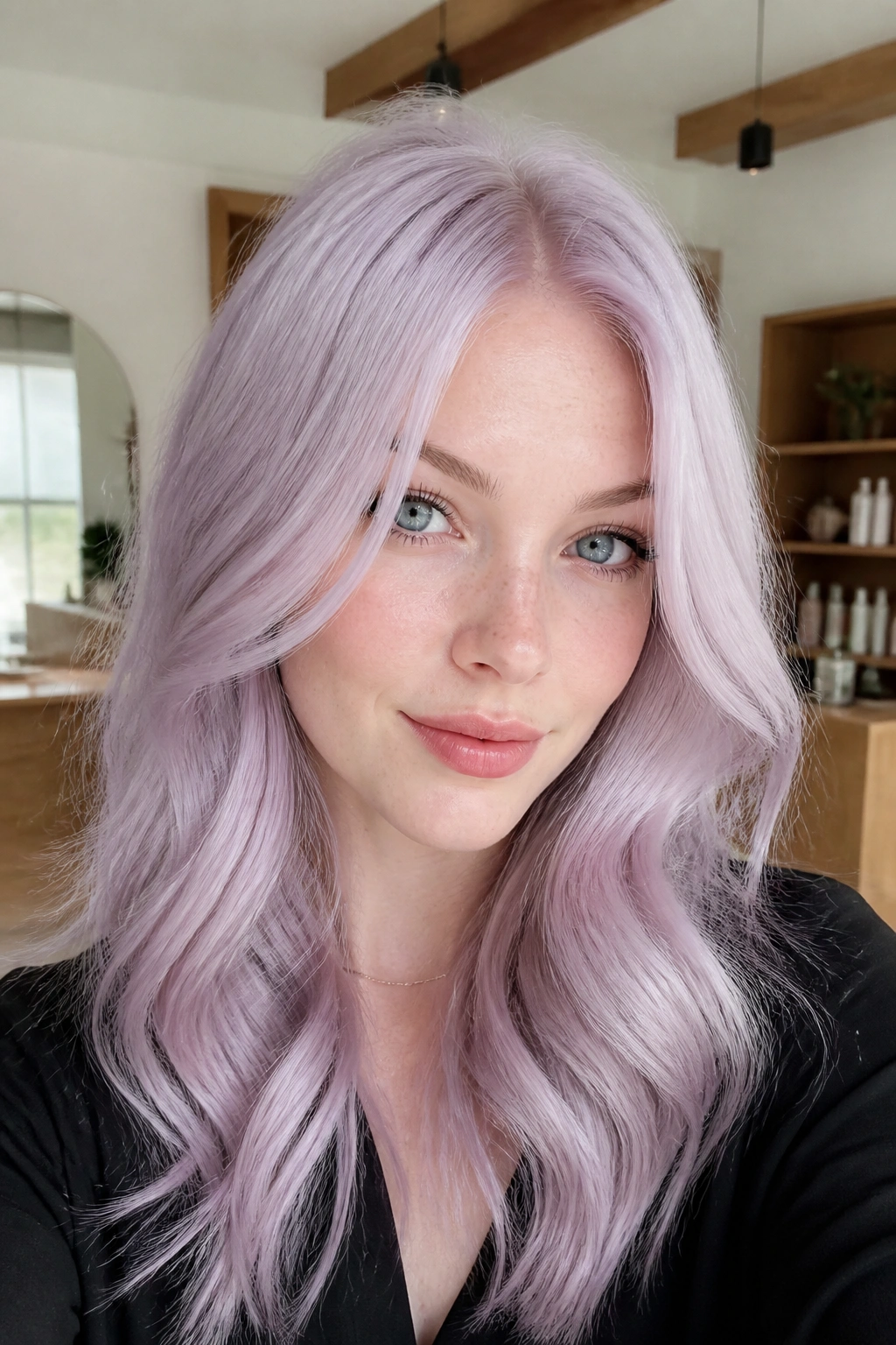 Close-up of a real person with icy lilac all-over on platinum blonde hair with a frosted silver finish