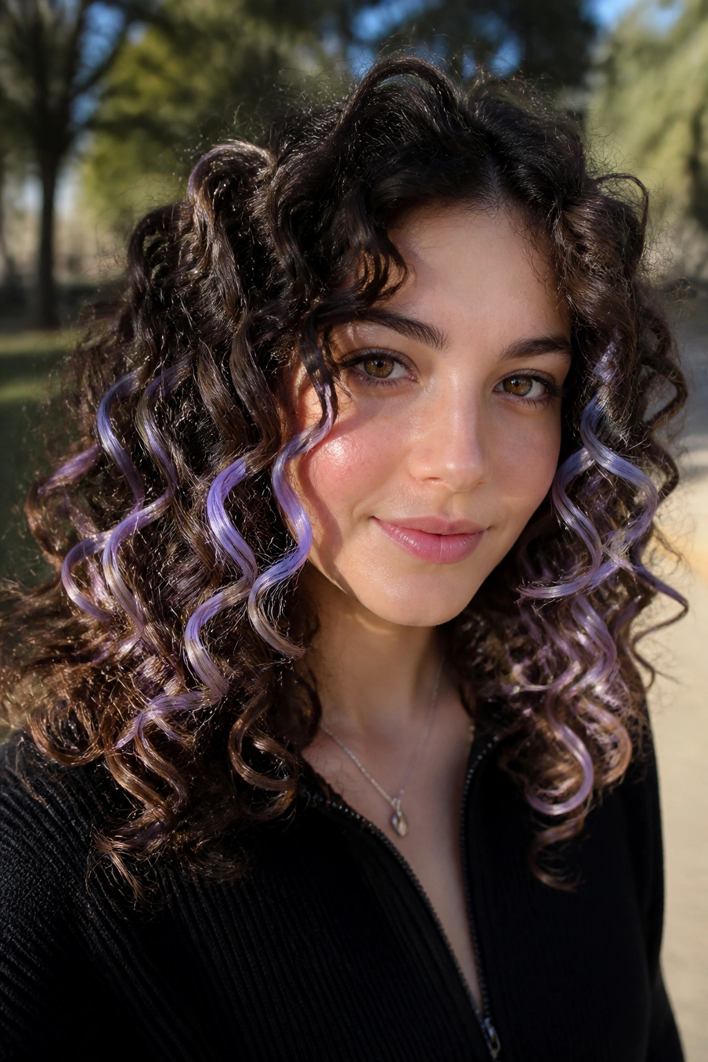 Curls with icy lilac ribbons highlight the outer curls on brown hair.