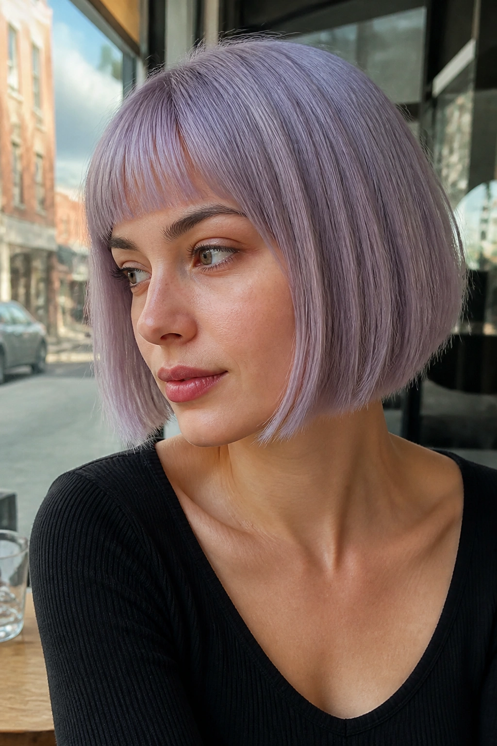 Close-up of a person with an icy mauve chin-length bob in natural light