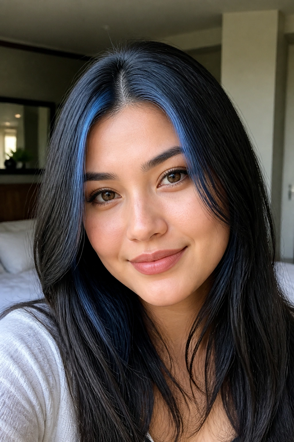 Close-up of a real woman with icy blue micro-babylights around the part