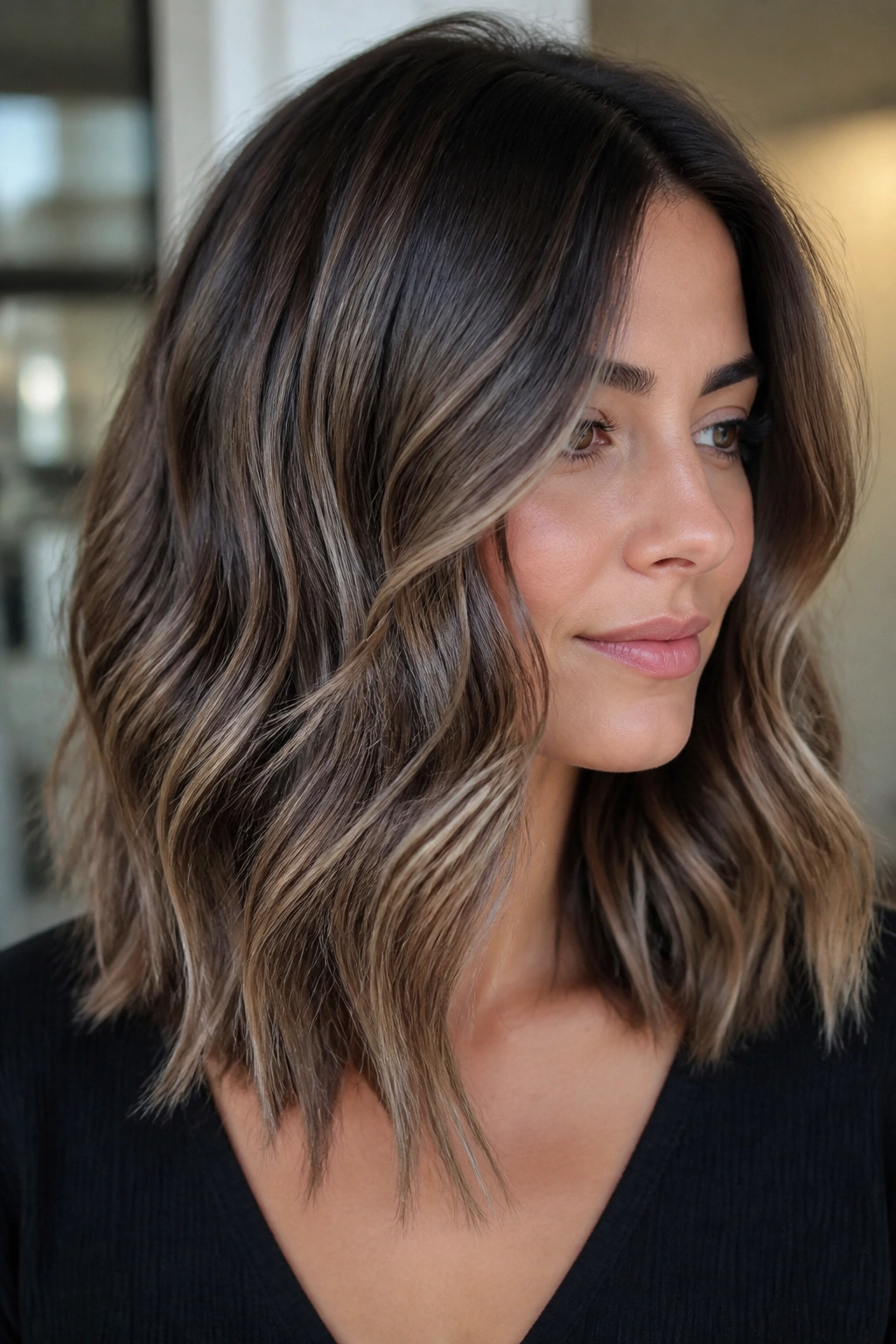 Close-up of a real woman with icy mocha balayage in medium-length waves