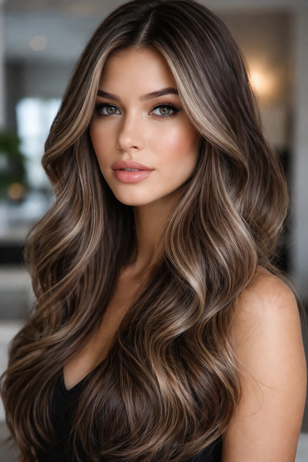 Close-up portrait of a real person with icy mocha hair with cool highlights