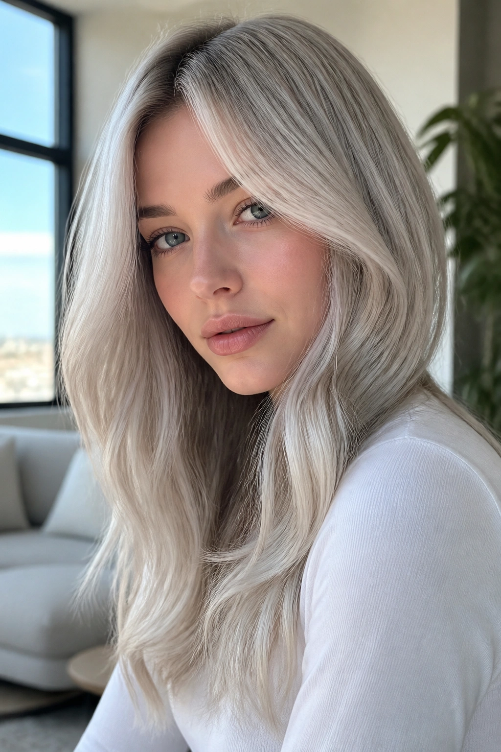 Close-up portrait of woman with icy pearl ash blonde hair in a modern living room