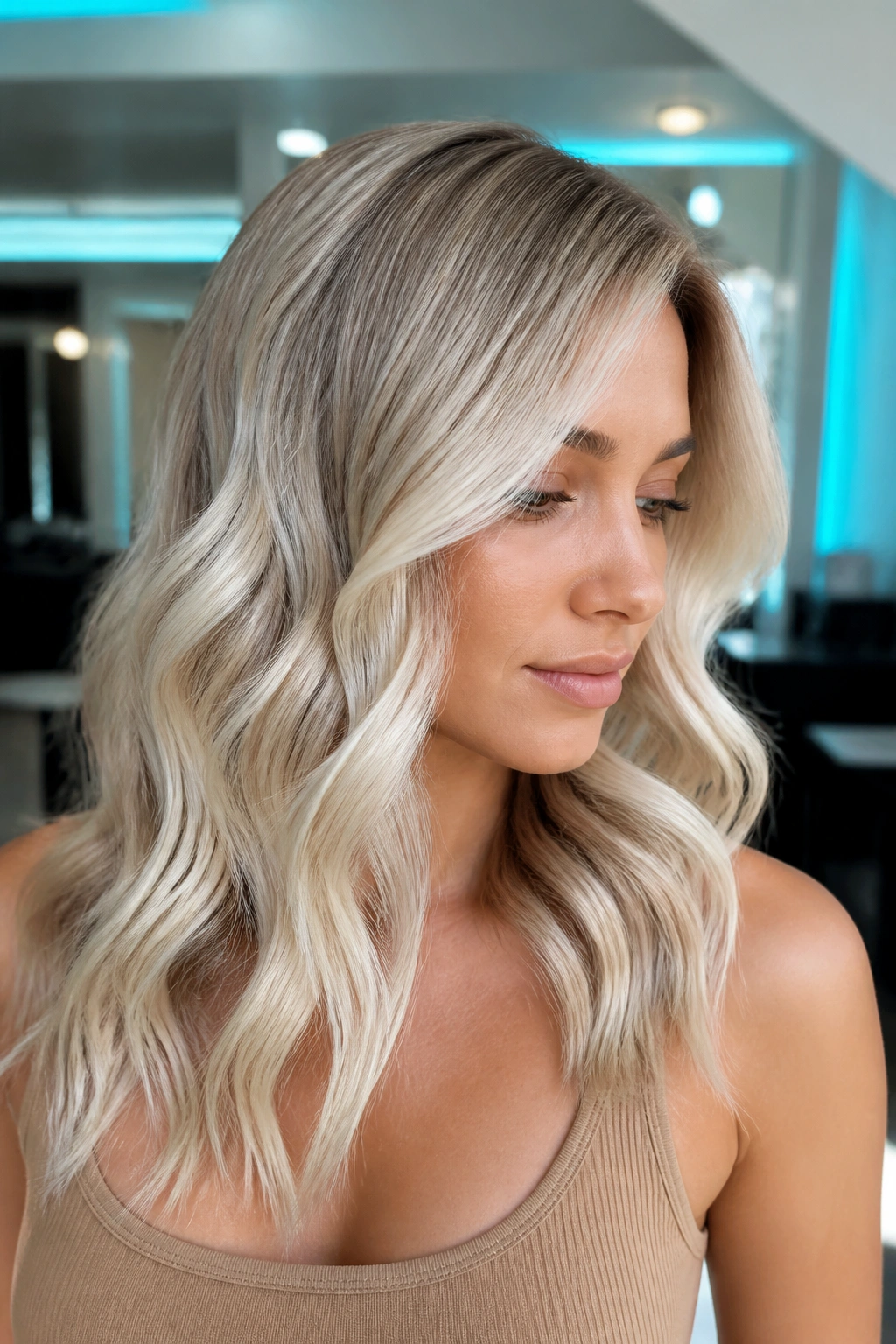 Real woman with icy pearl balayage on glossy waves