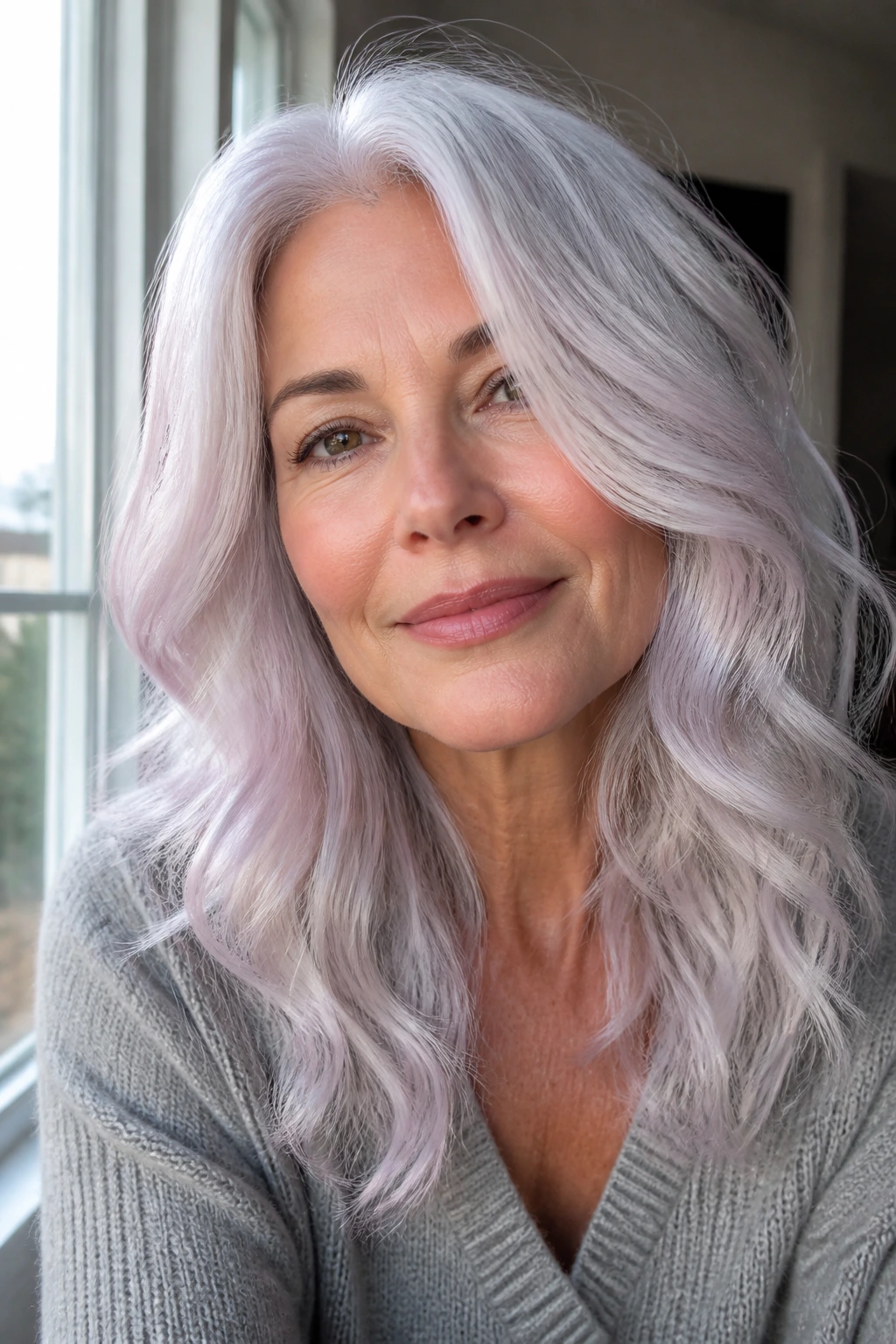 Real woman with icy pearl blend hair in waves by a sunlit window