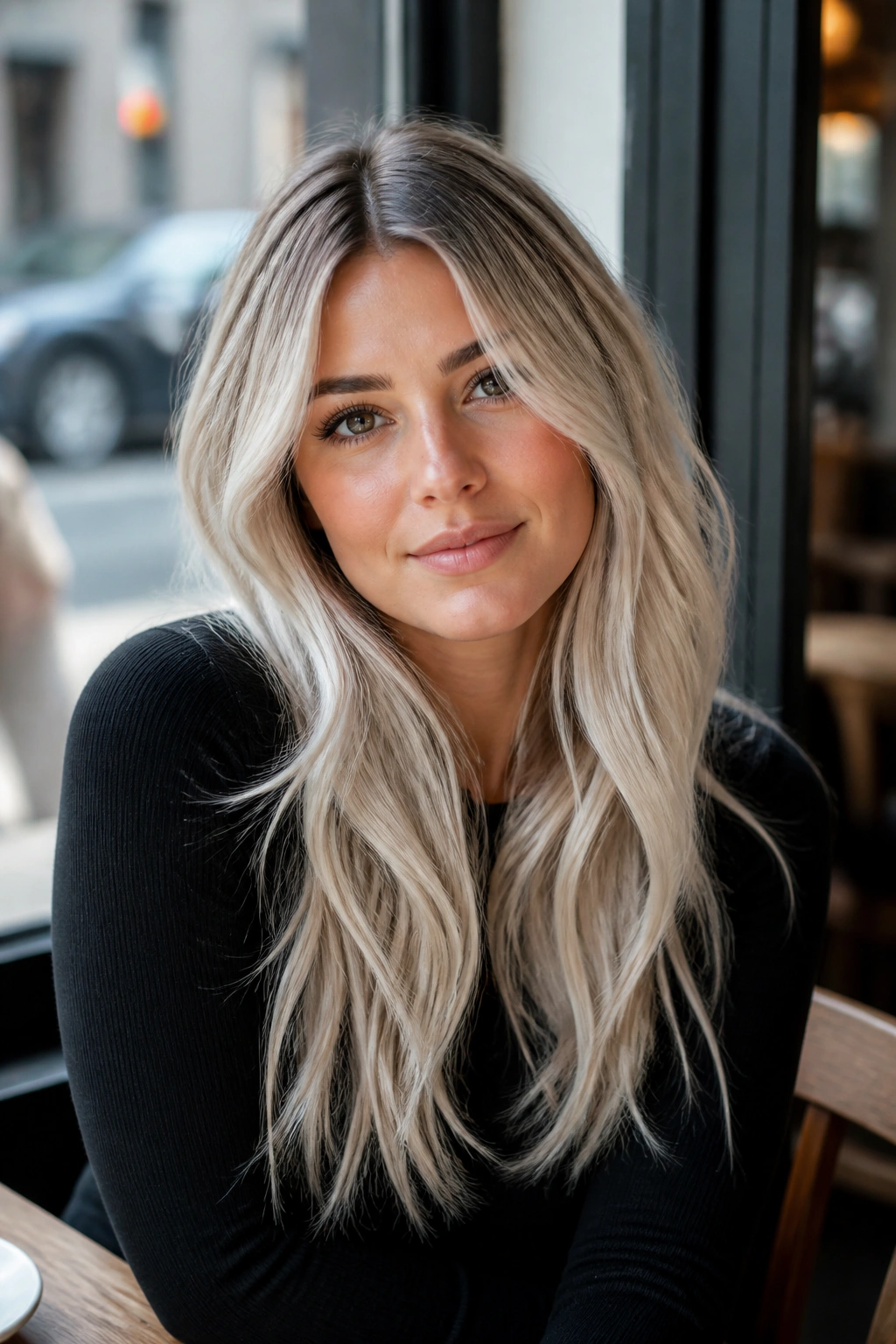 Portrait of a real woman with icy pearl blonde and long layered hair