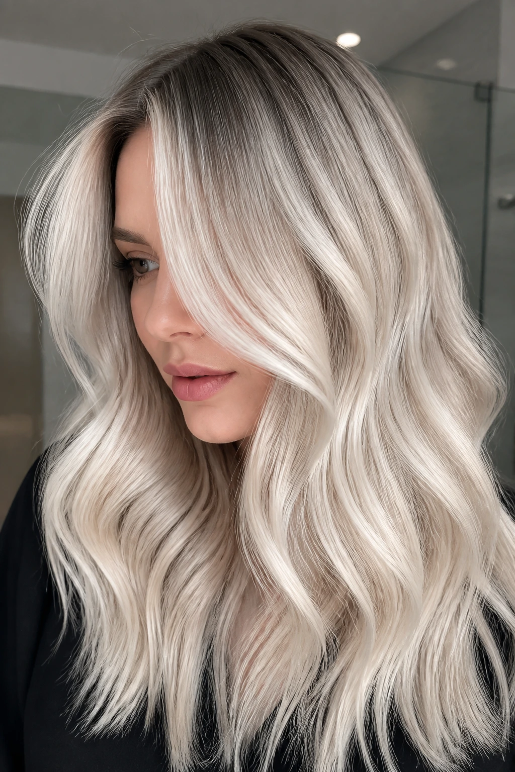 Close-up portrait of a real person with icy pearl blonde and smoky root in a cool-toned bathroom
