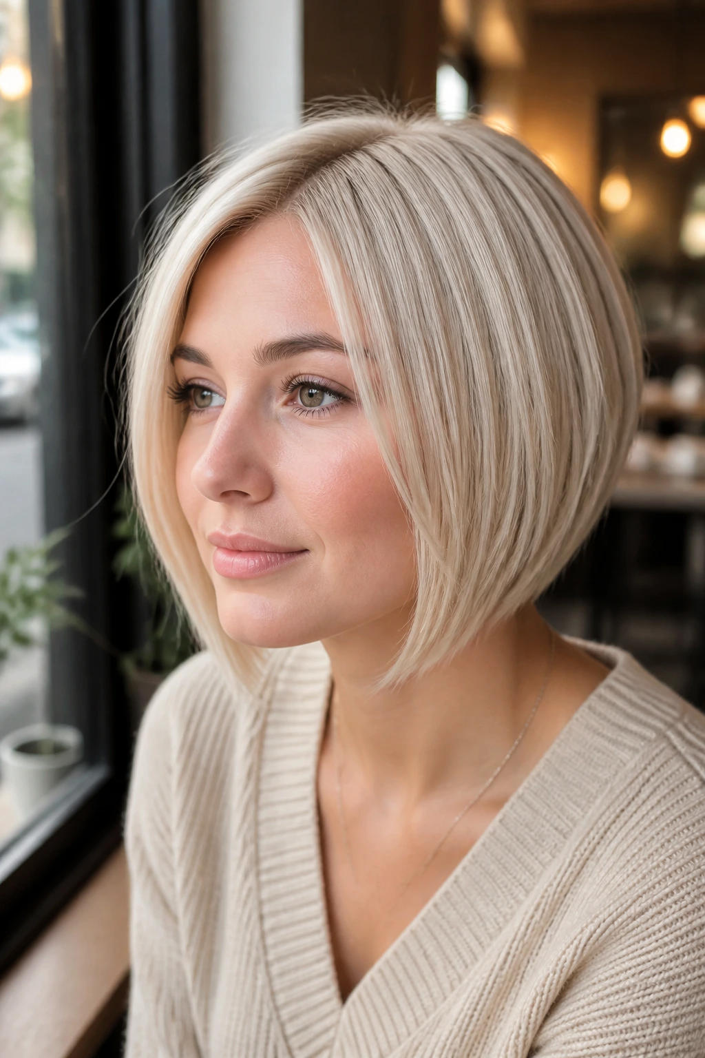 Portrait of a real woman with icy pearl blonde tapered bob in natural cafe daylight