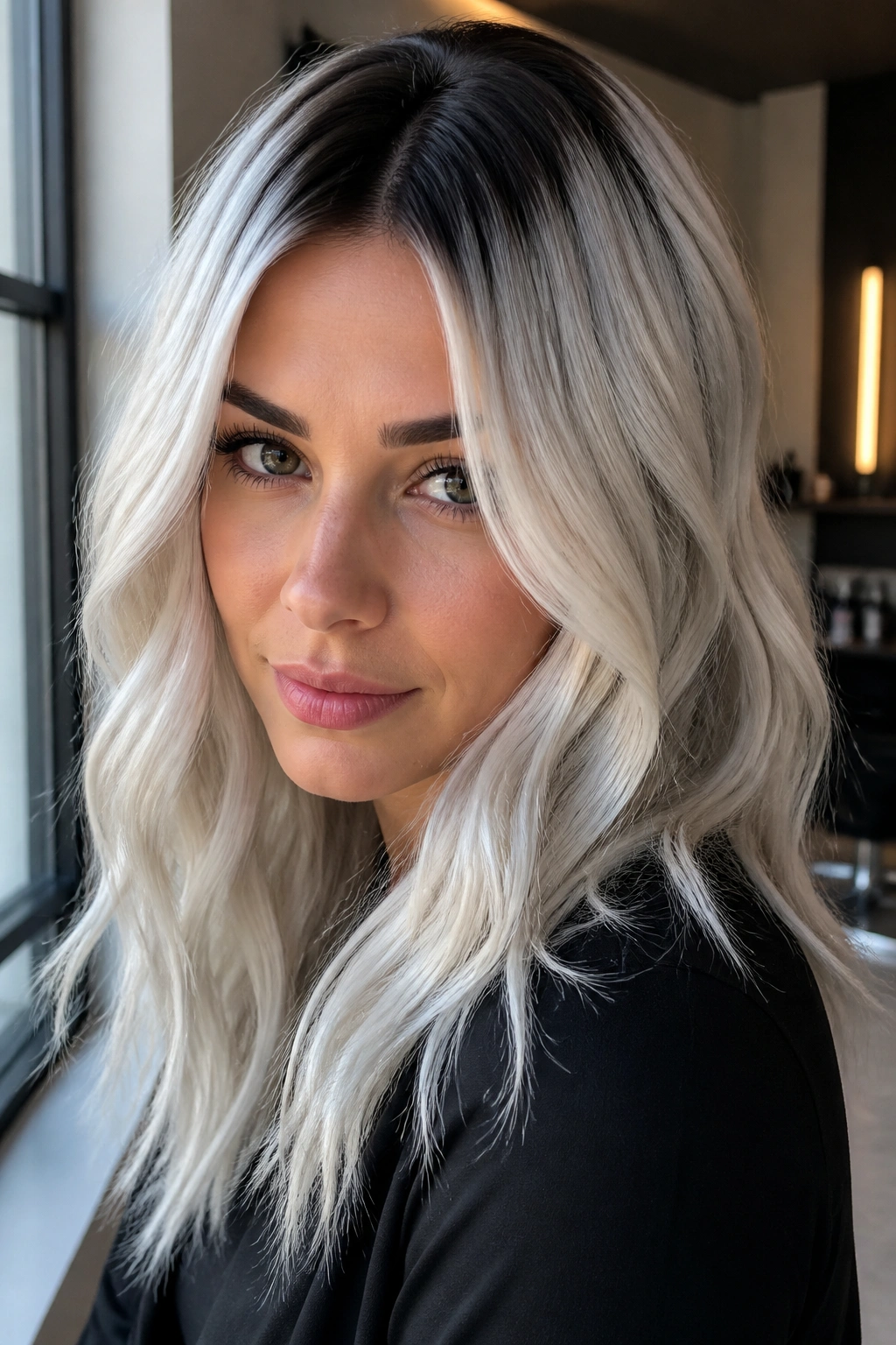 Portrait of a real woman with icy pearl blonde hair and espresso roots in a modern salon