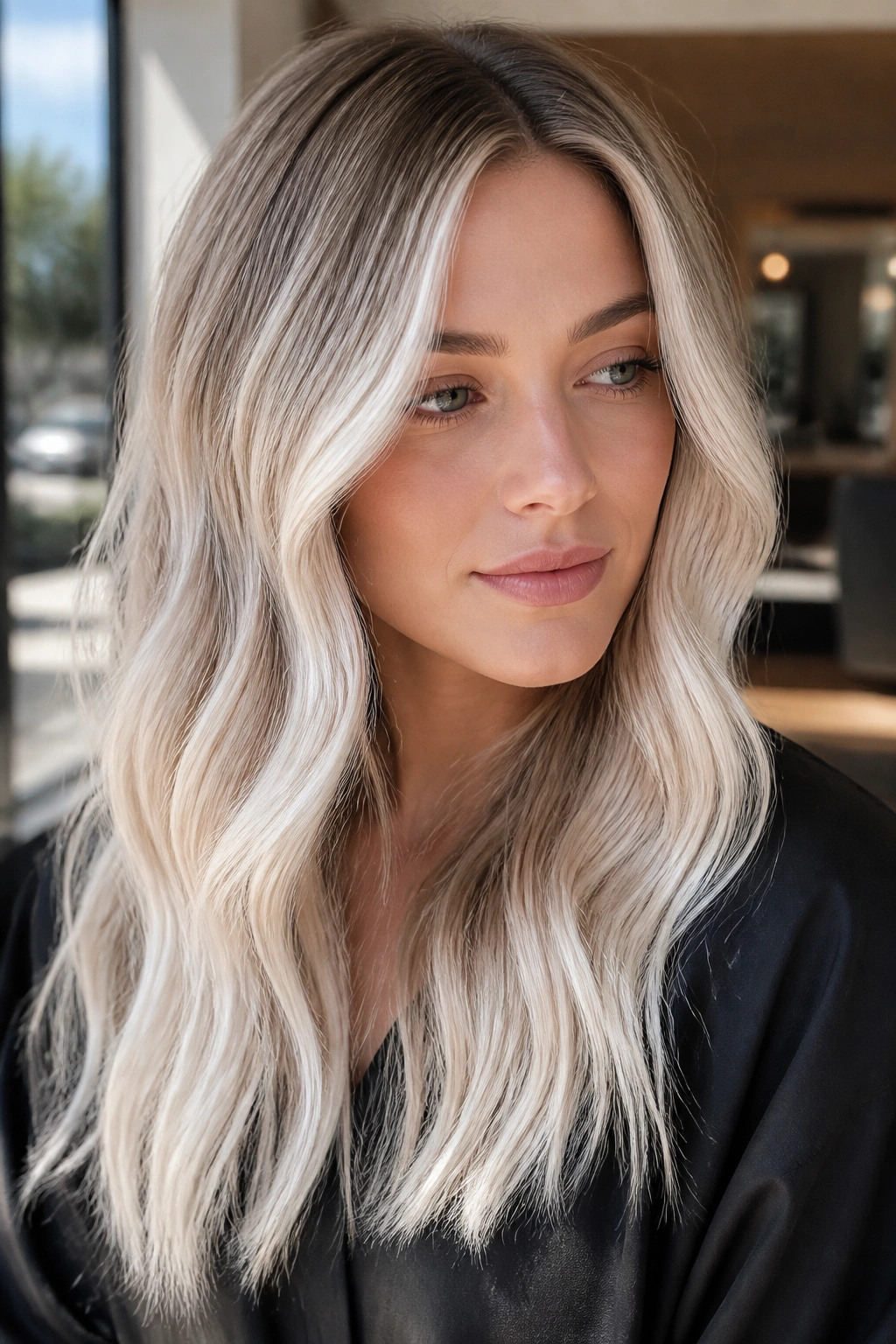 Close-up portrait of a real woman with icy pearl blonde ombre in soft waves.