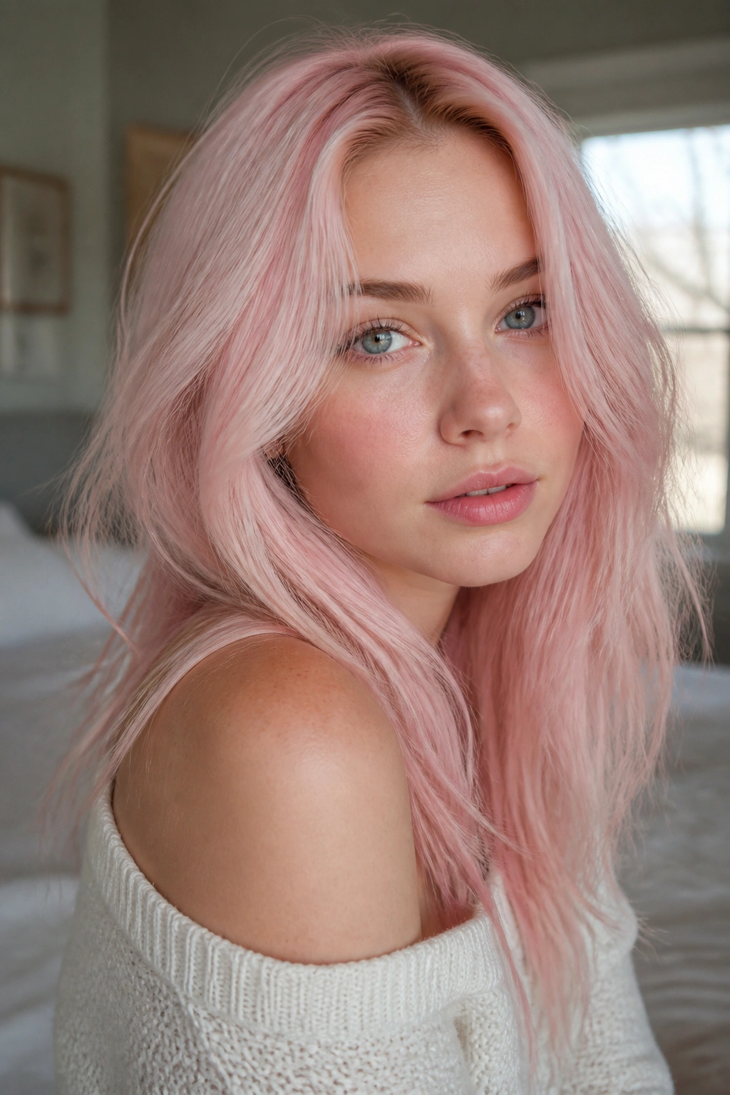 Close-up portrait of a real person with icy baby pink hair against fair cool skin