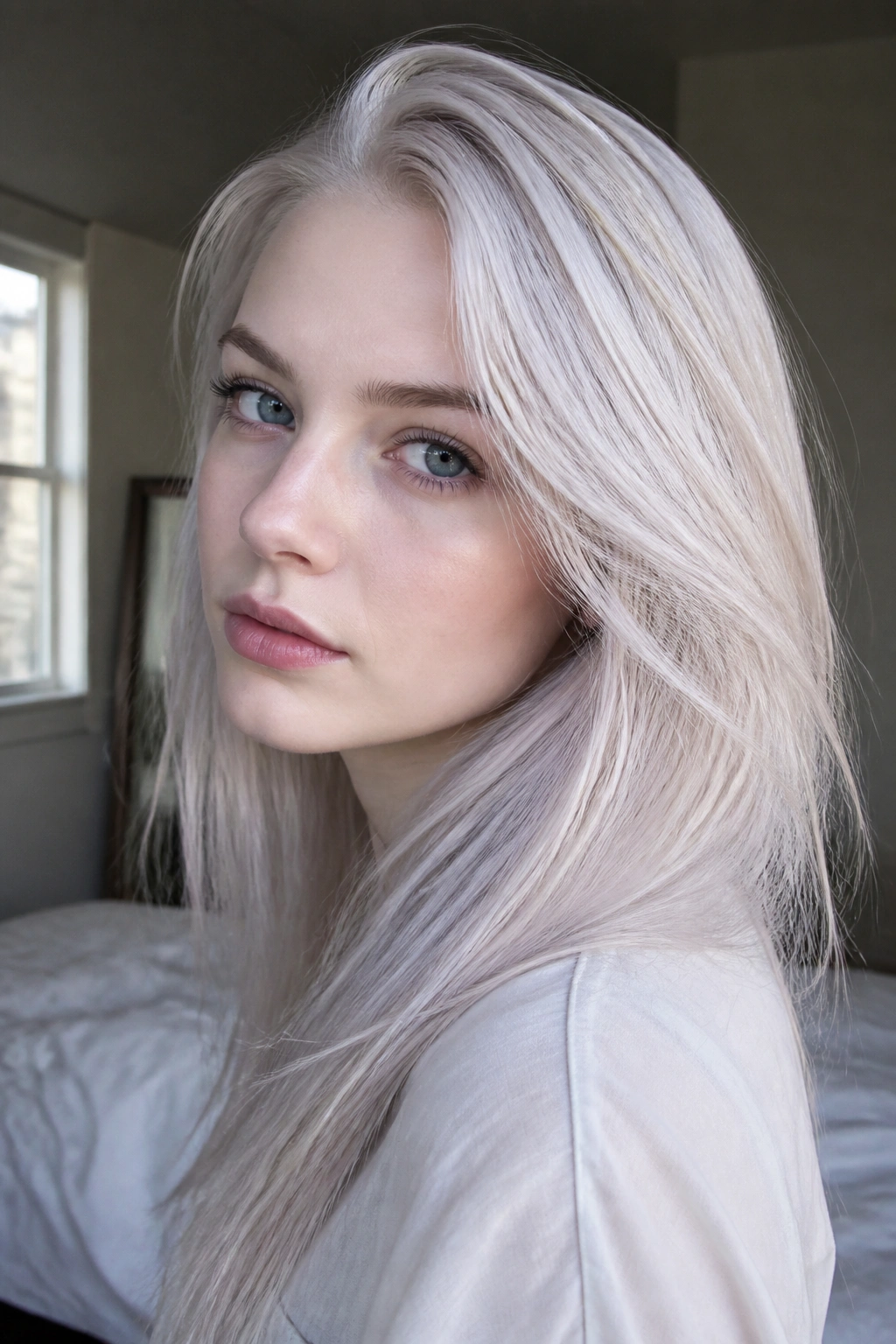 Close up portrait of a real woman with icy platinum ash blonde hair on porcelain skin