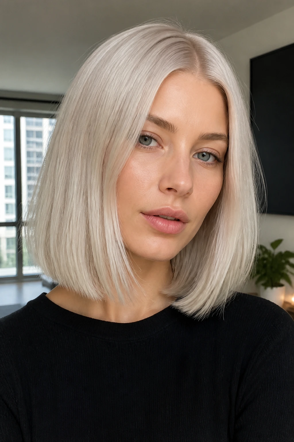 Portrait of a person with icy platinum ash blonde hair in a blunt lob