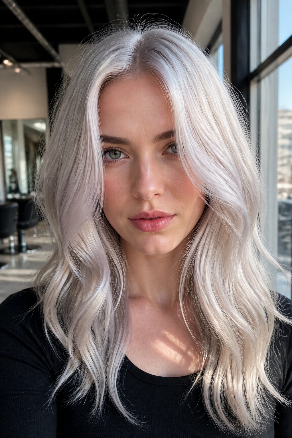 Close-up portrait of icy platinum ash hair in a salon setting