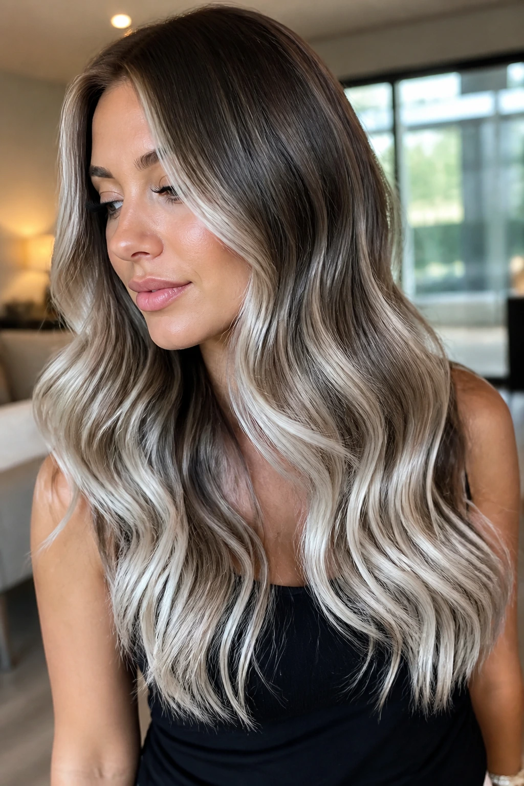 Portrait of a woman with icy platinum balayage on long brown waves.