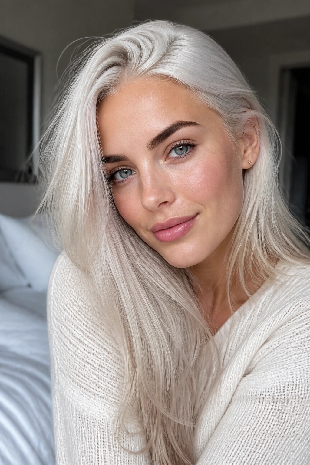 Close-up of a real woman with icy platinum white blonde hair and cool skin
