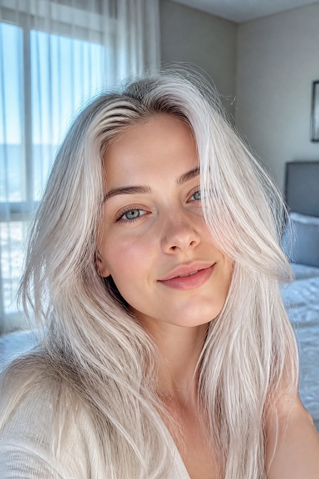 Close-up portrait of a woman with icy platinum blonde hair in natural window light