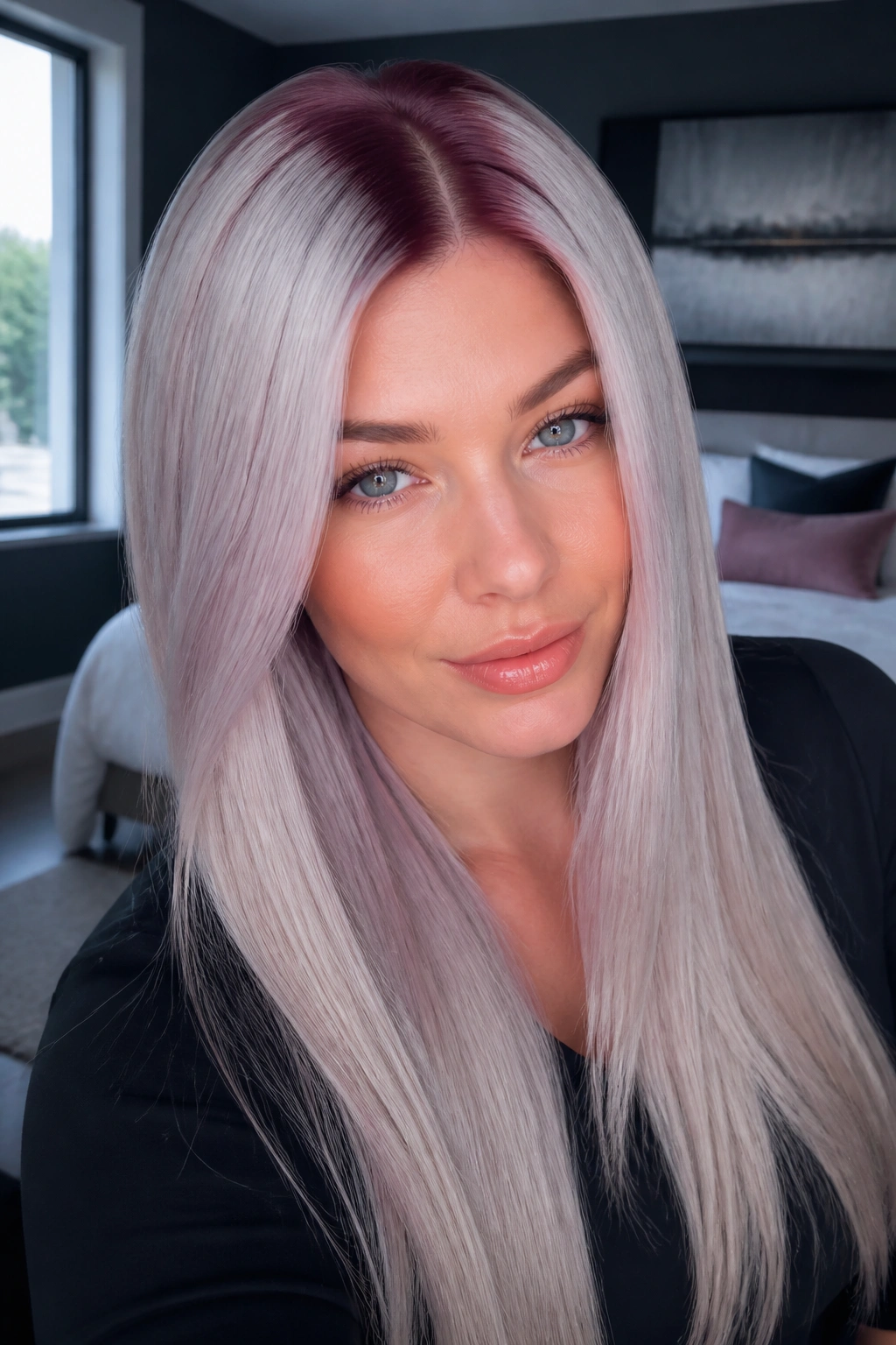 Close-up of a real woman with icy platinum crown and burgundy root melt on cool-toned hair