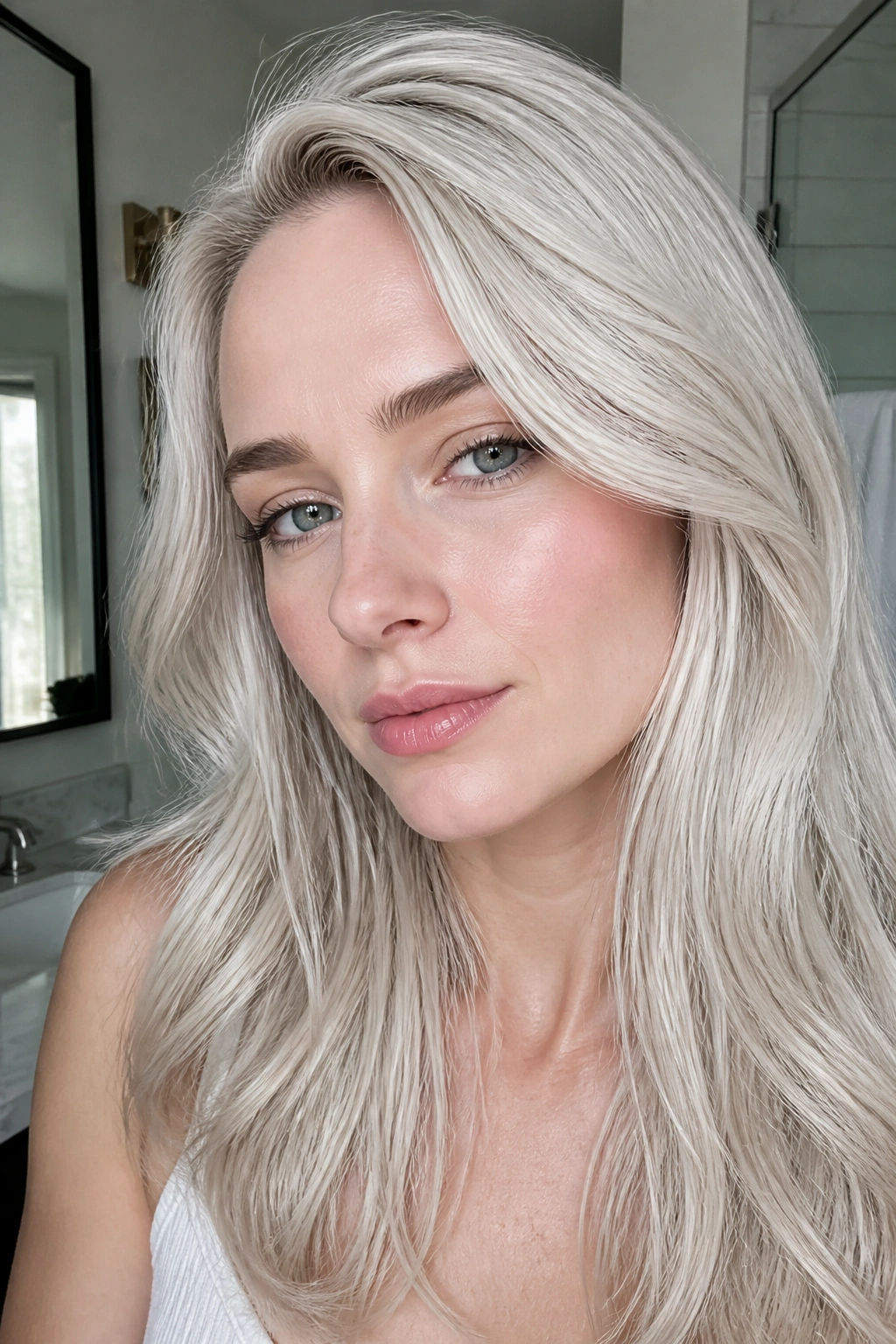 Close-up portrait of a real woman with icy platinum grey blonde hair in window light