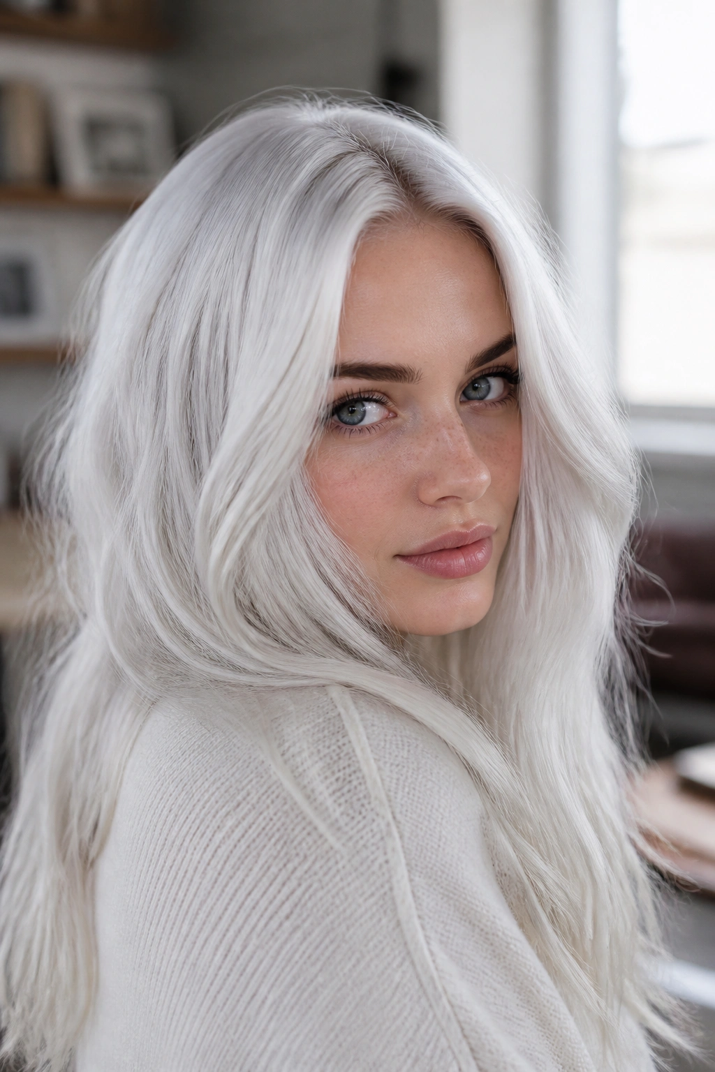 Close-up portrait of a real woman with icy platinum hair and cool-toned skin