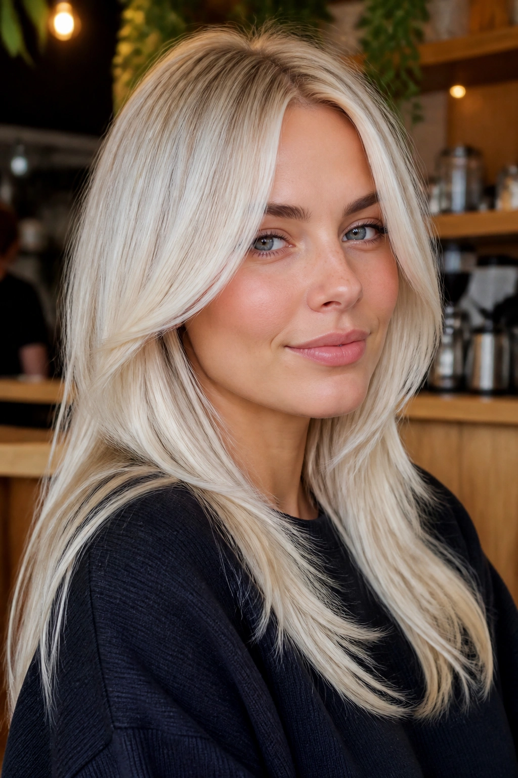 Close-up portrait of a real woman with icy platinum hair and soft perimeter layers.