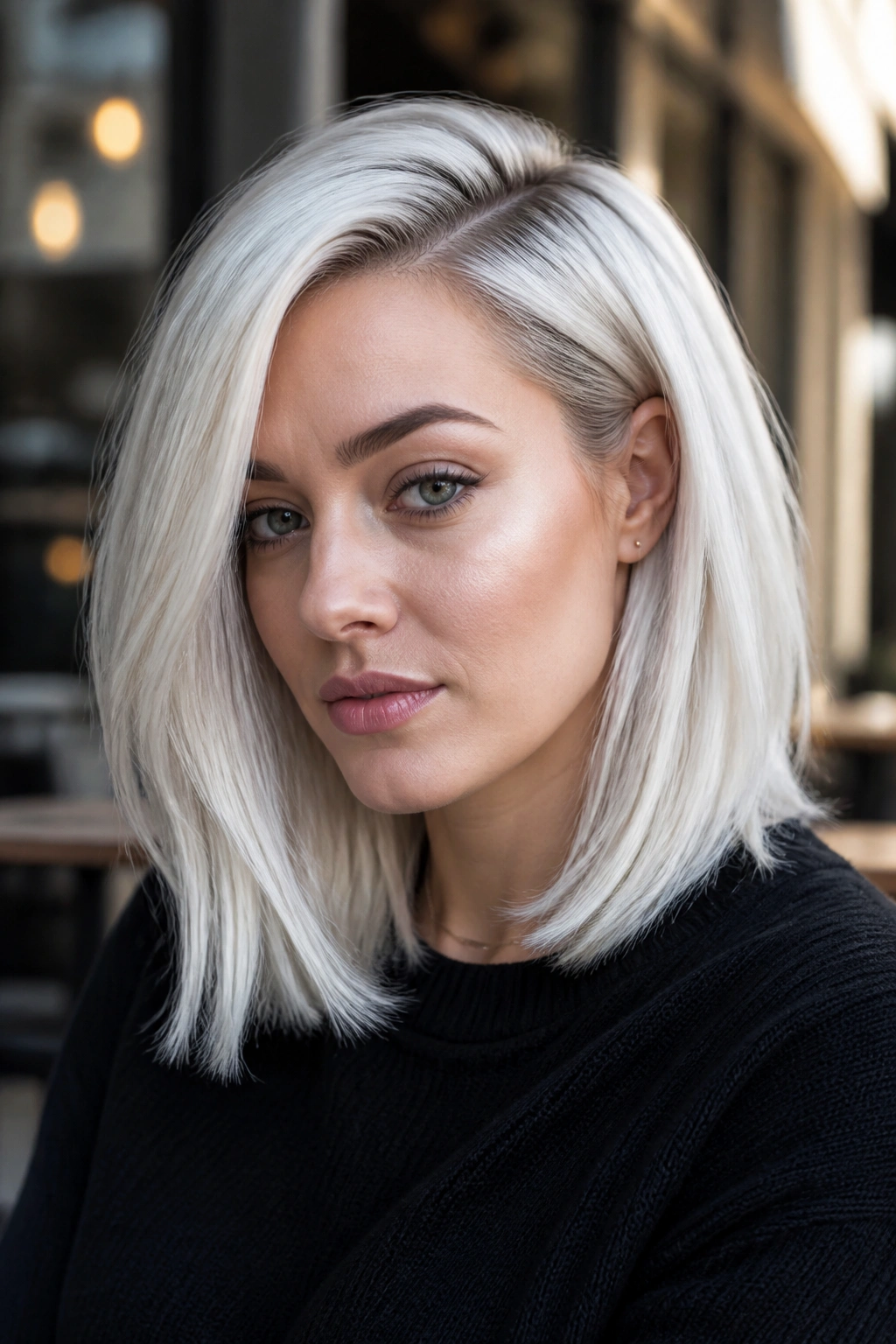 Portrait of a woman with an icy platinum lob and deep side part