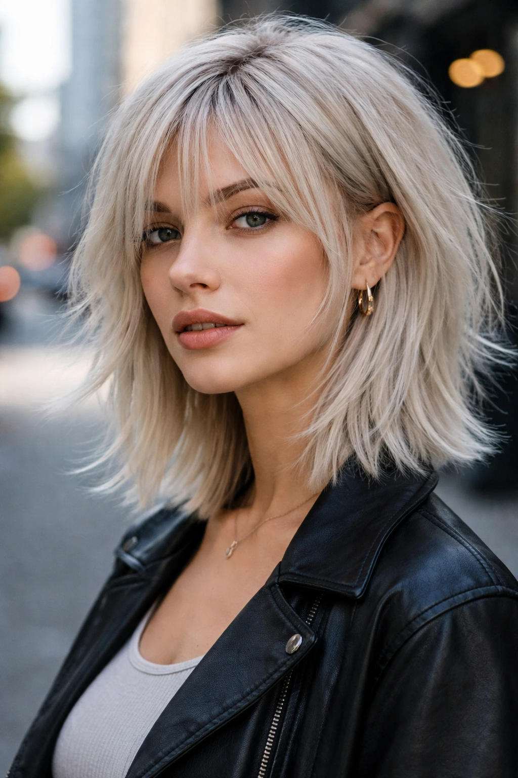 Portrait of a real woman with icy platinum razor shag